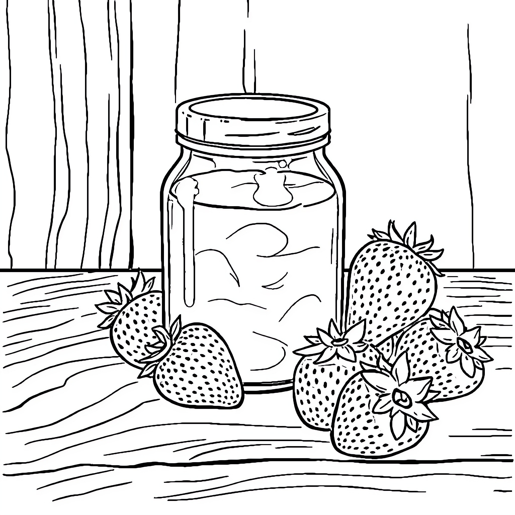 Strawberry Jam Jar with Fresh Strawberries Coloring Page (free black-and-white line drawing printable PDF for all, from beginners to advanced learners, including children, teens, adults, and seniors)