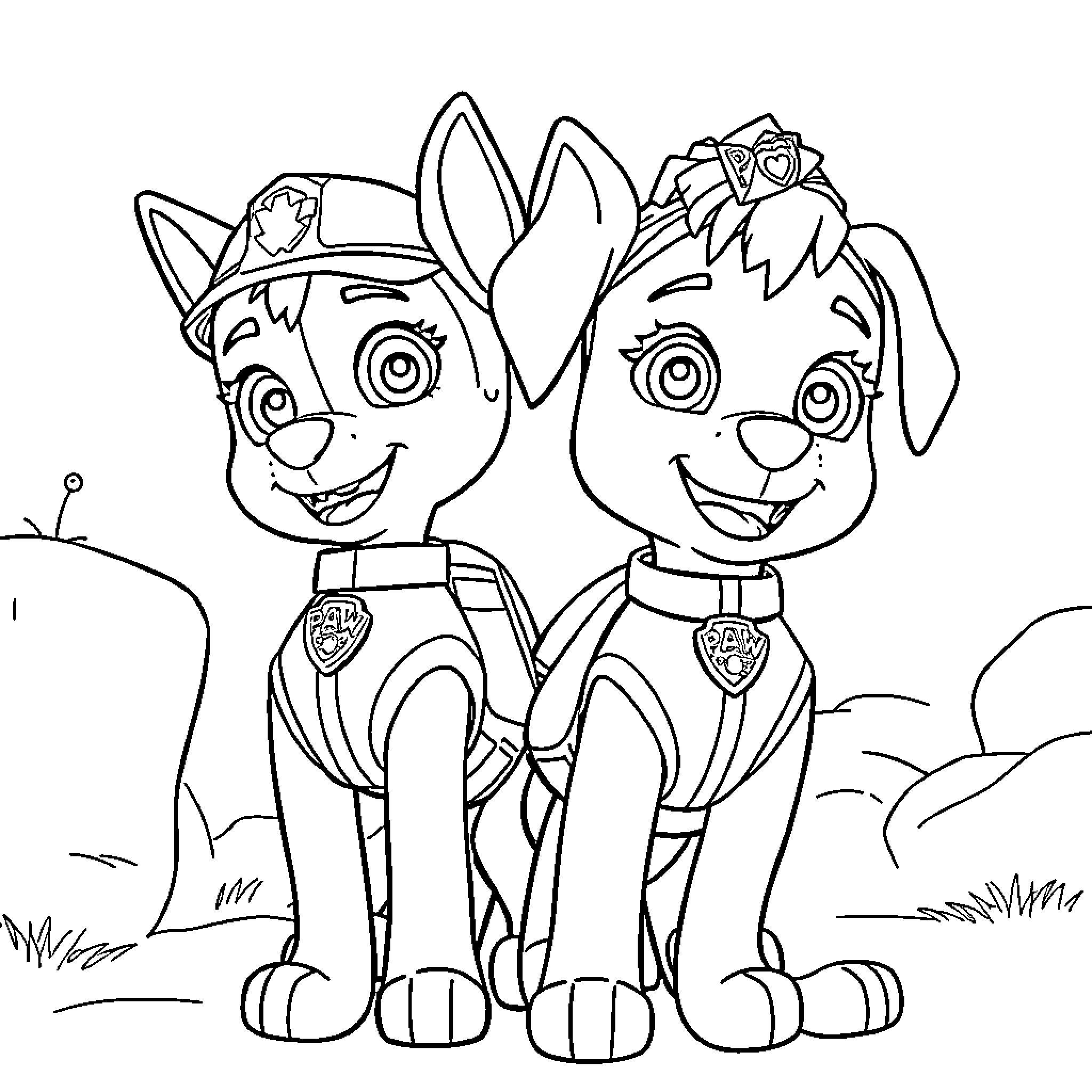Paw Patrol Pups in Uniform Smiling Together Coloring Page (free black-and-white line drawing printable PDF for all, from beginners to advanced learners, including children, teens, adults, and seniors)