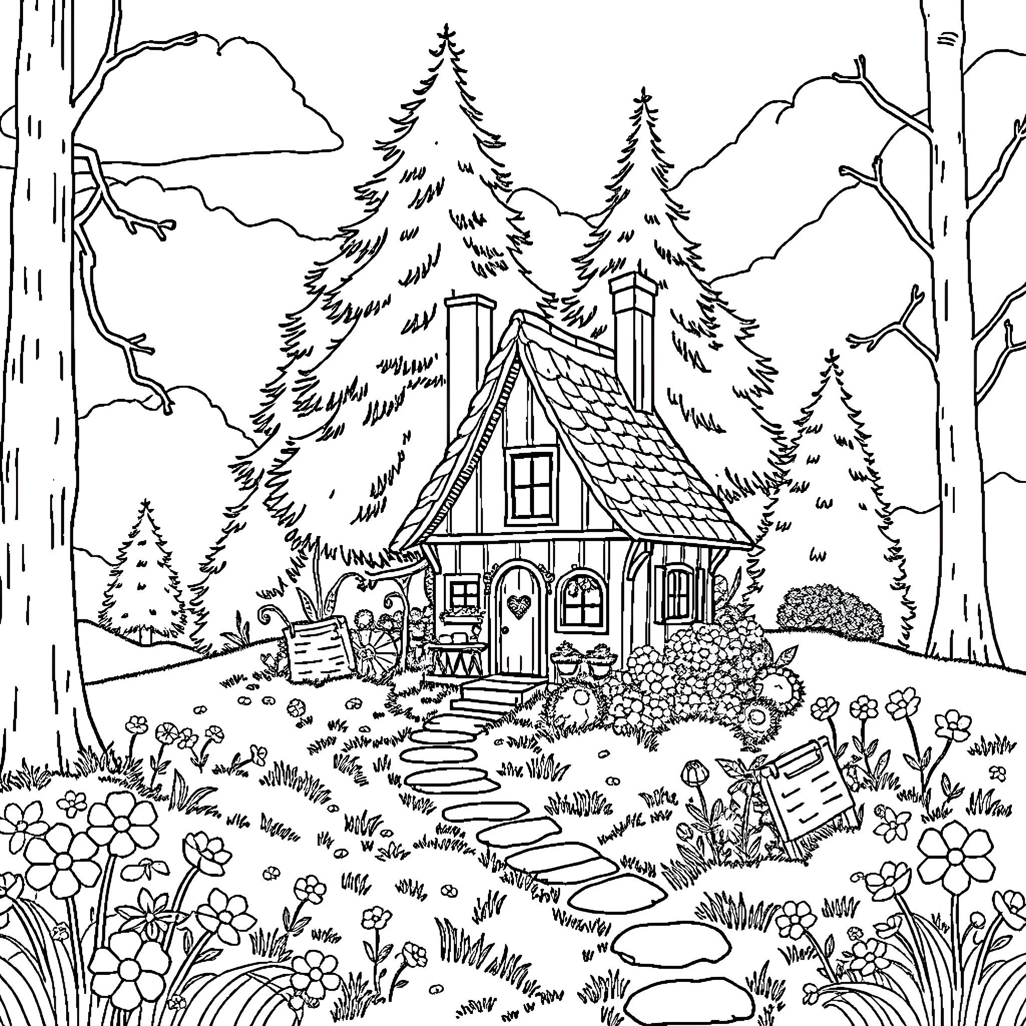 Cottage in a Charming Forest Scene Coloring Page (free black-and-white line drawing printable PDF for all, from beginners to advanced learners, including children, teens, adults, and seniors)