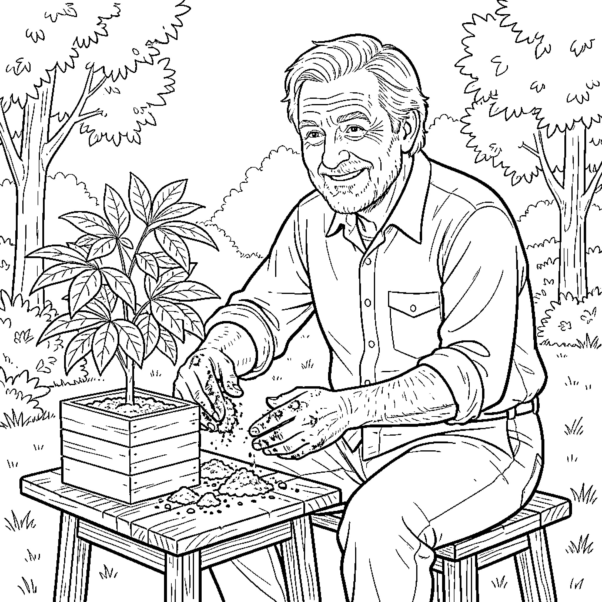 Gardener tending to plants with care and joy Coloring Page (free black-and-white line drawing printable PDF for all, from beginners to advanced learners, including children, teens, adults, and seniors)