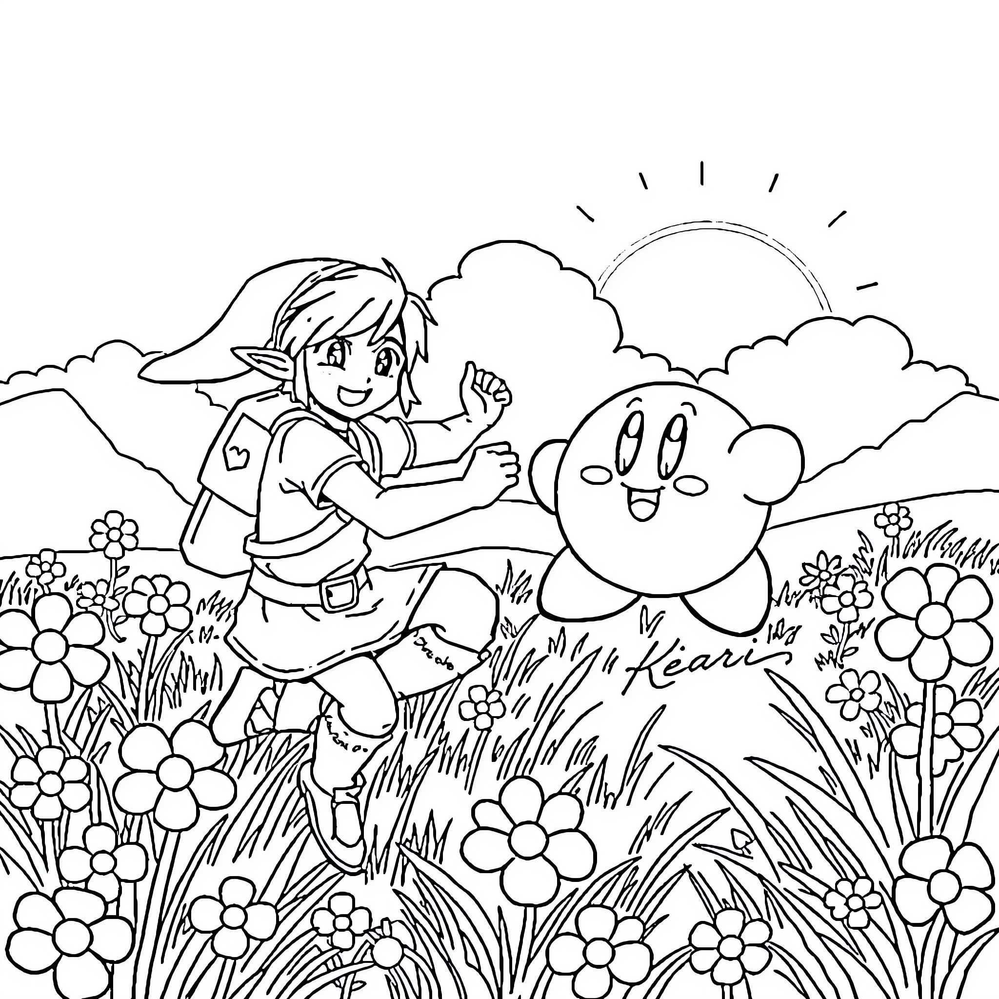 Link Exploring with a Cheerful Companion Coloring Page (free black-and-white line drawing printable PDF for all, from beginners to advanced learners, including children, teens, adults, and seniors)