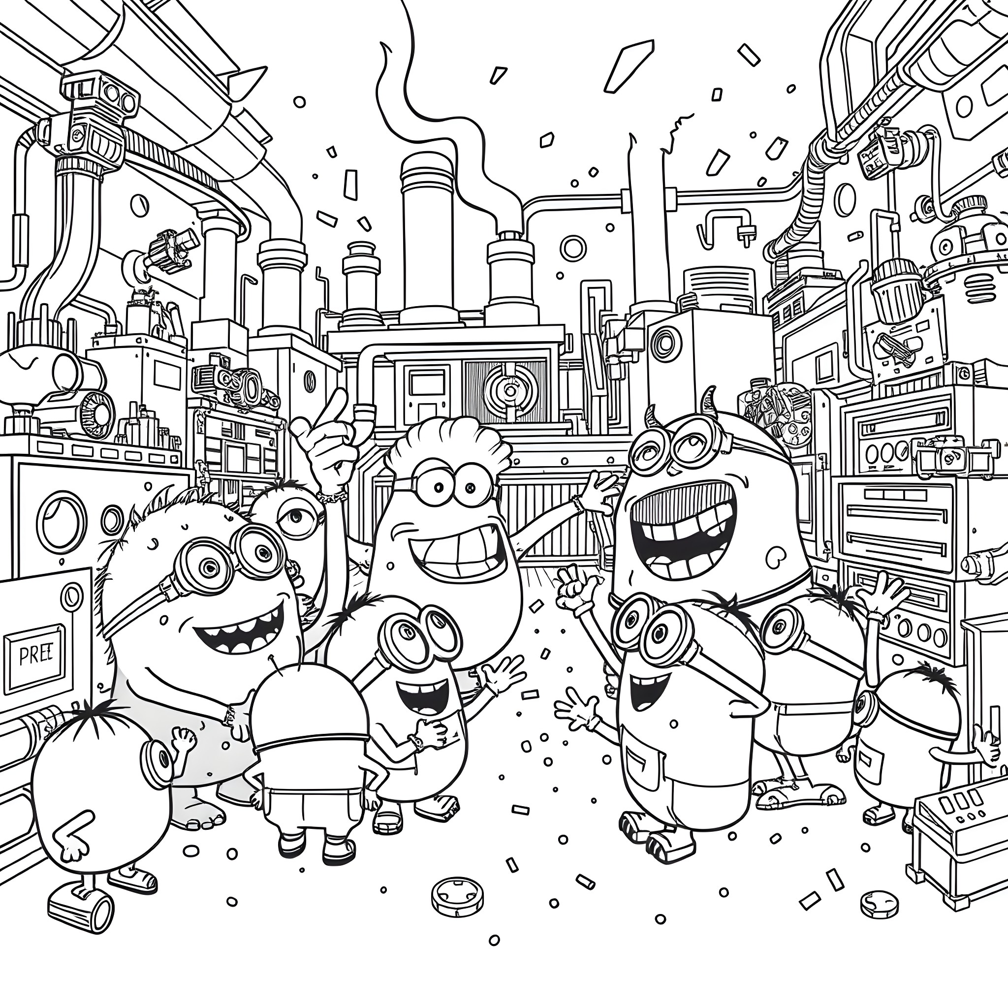 Monster creatures exploring futuristic industrial landscape Coloring Page (free black-and-white line drawing printable PDF for all, from beginners to advanced learners, including children, teens, adults, and seniors)