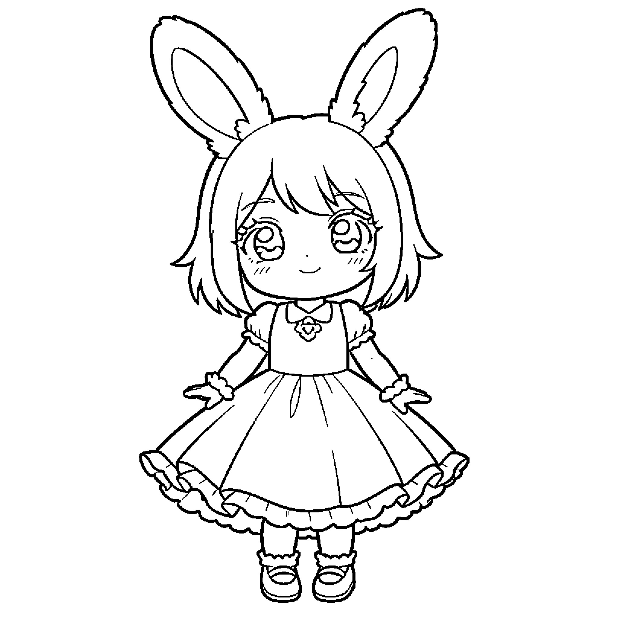 Bunny-eared girl in a cute dress Coloring Page (free black-and-white line drawing printable PDF for all, from beginners to advanced learners, including children, teens, adults, and seniors)