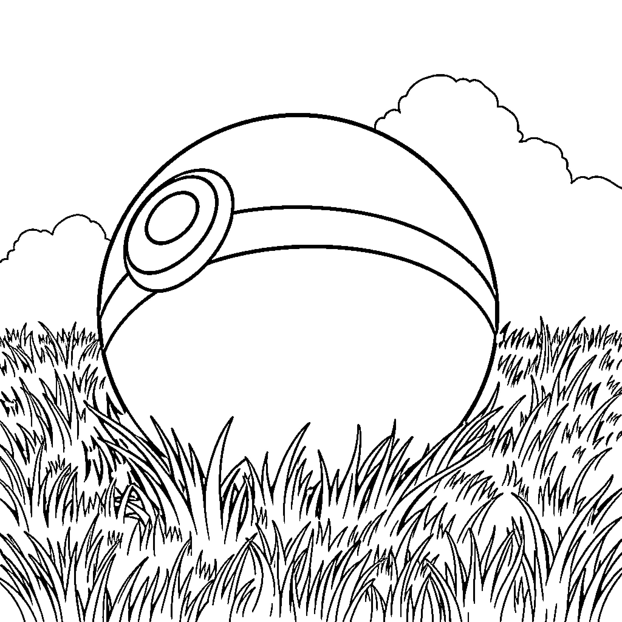 Pokeball resting in the grassy field Coloring Page (free black-and-white line drawing printable PDF for all, from beginners to advanced learners, including children, teens, adults, and seniors)