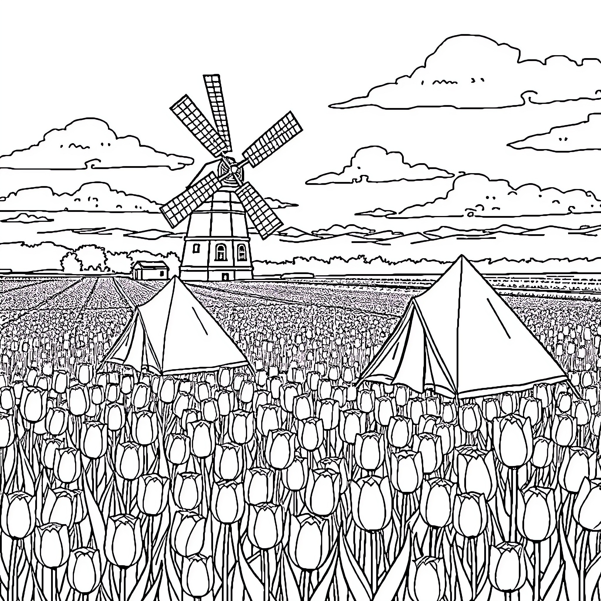 Tent Camping Amid Tulip Field and Windmill Landscape Coloring Page (free black-and-white line drawing printable PDF for all, from beginners to advanced learners, including children, teens, adults, and seniors)