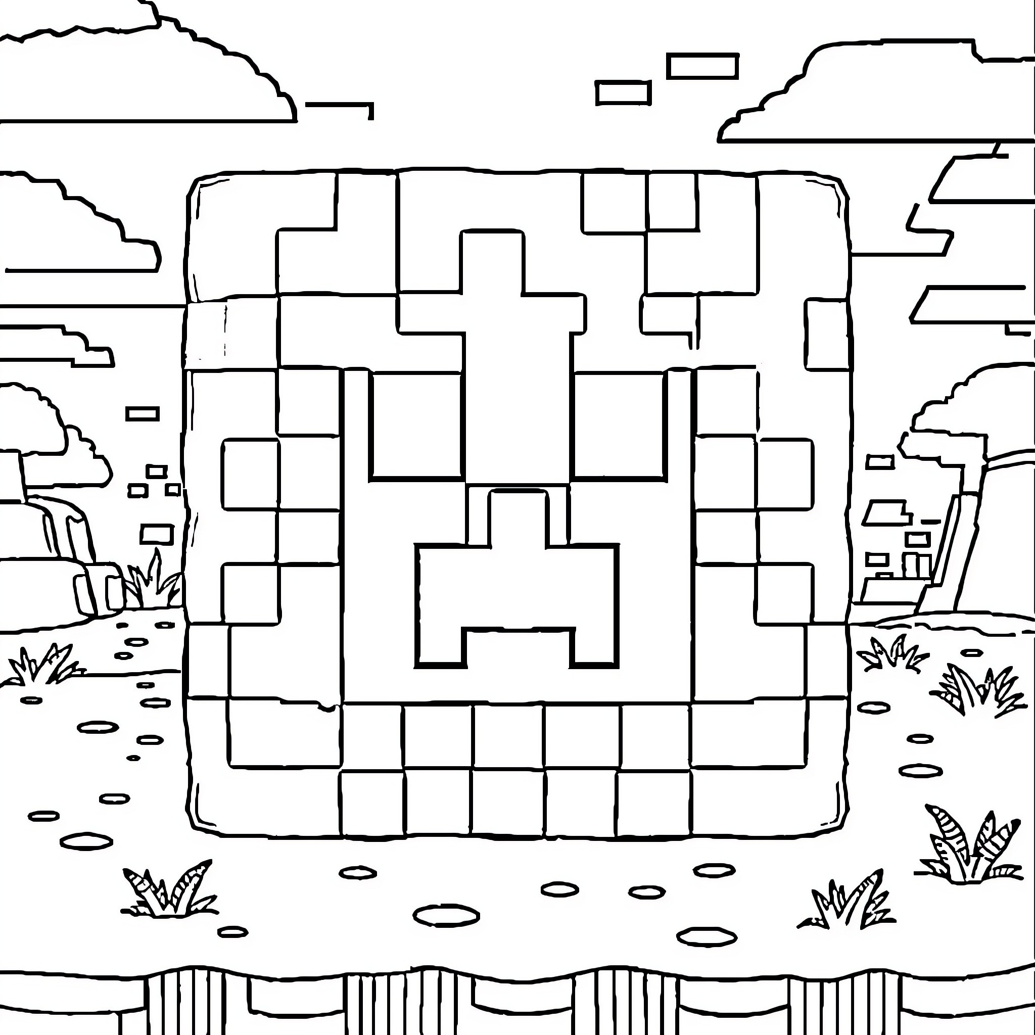 Creeper Hiding in Blocky Landscape Coloring Page (free black-and-white line drawing printable PDF for all, from beginners to advanced learners, including children, teens, adults, and seniors)