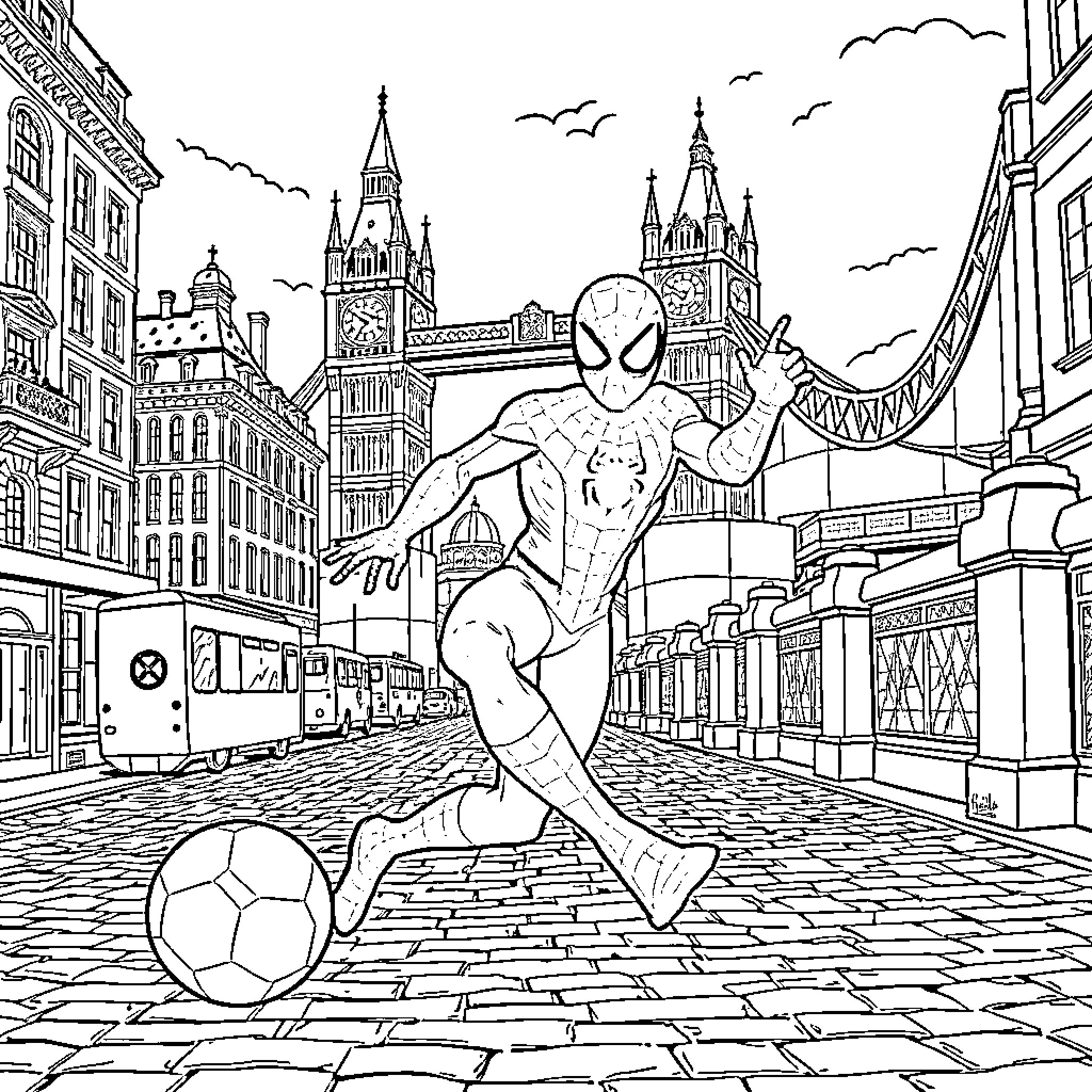 Spider-Man heroically swinging through the city streets Coloring Page (free black-and-white line drawing printable PDF for all, from beginners to advanced learners, including children, teens, adults, and seniors)
