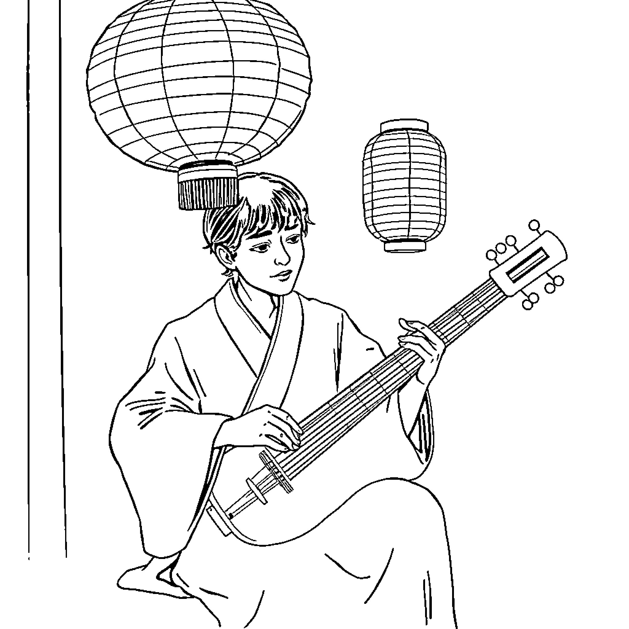 Shamisen player in traditional Japanese attire Coloring Page (free black-and-white line drawing printable PDF for all, from beginners to advanced learners, including children, teens, adults, and seniors)