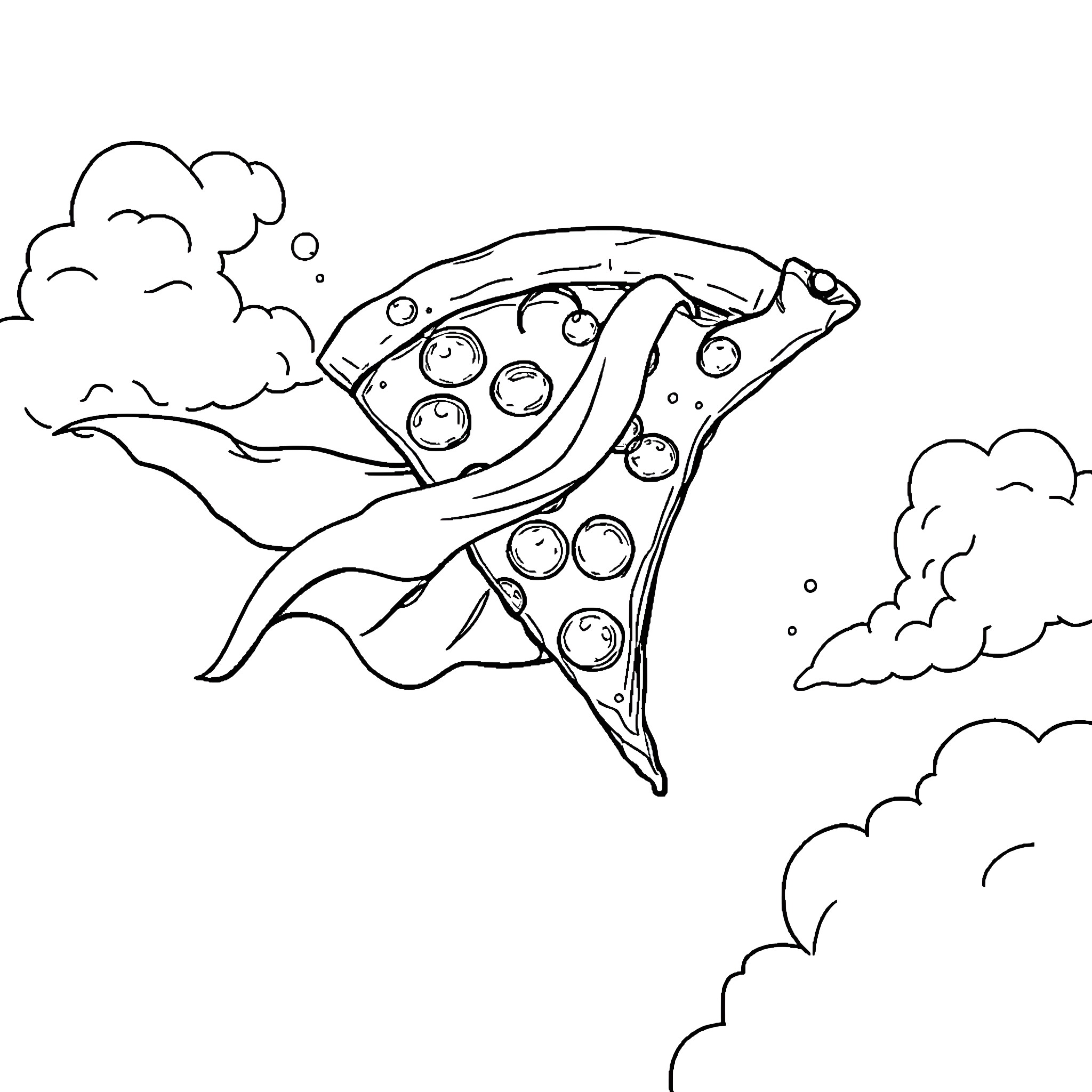 Pizza slices soaring through the clouds Coloring Page (free black-and-white line drawing printable PDF for all, from beginners to advanced learners, including children, teens, adults, and seniors)