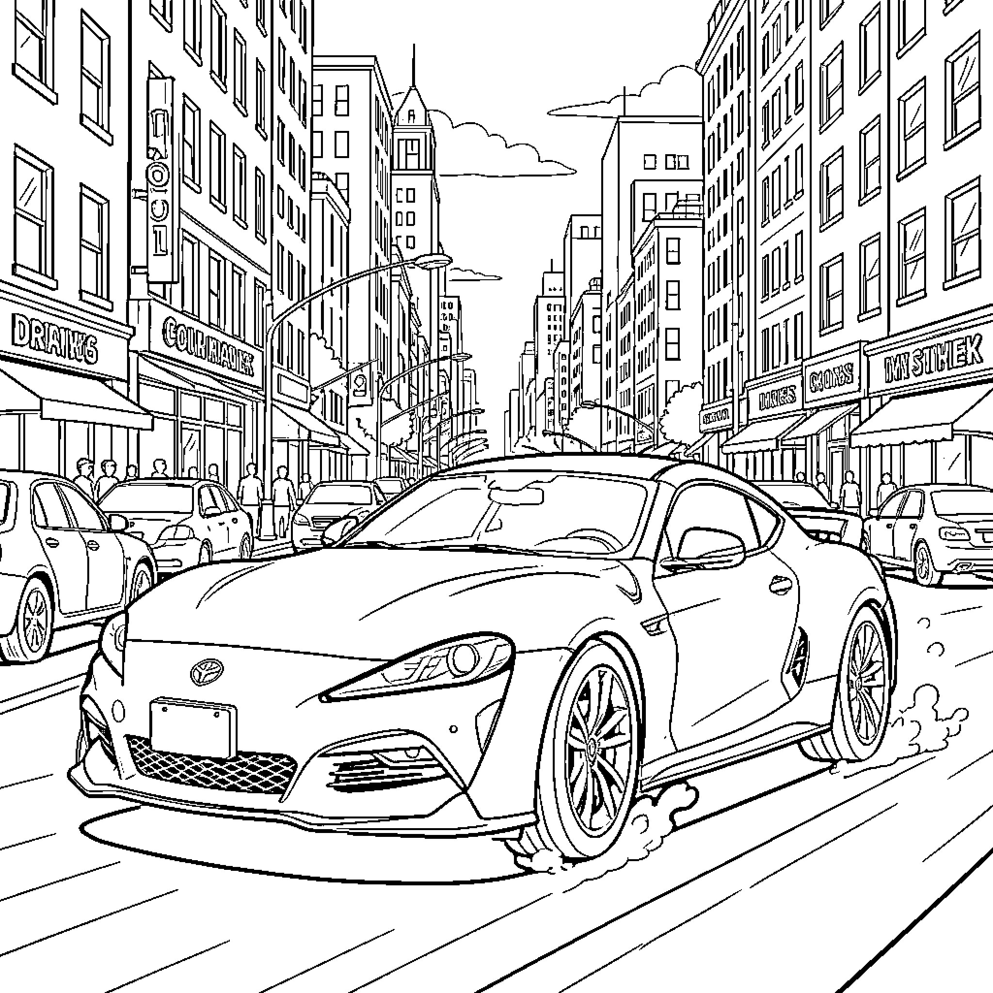 Supra speeding through bustling city street Coloring Page (free black-and-white line drawing printable PDF for all, from beginners to advanced learners, including children, teens, adults, and seniors)