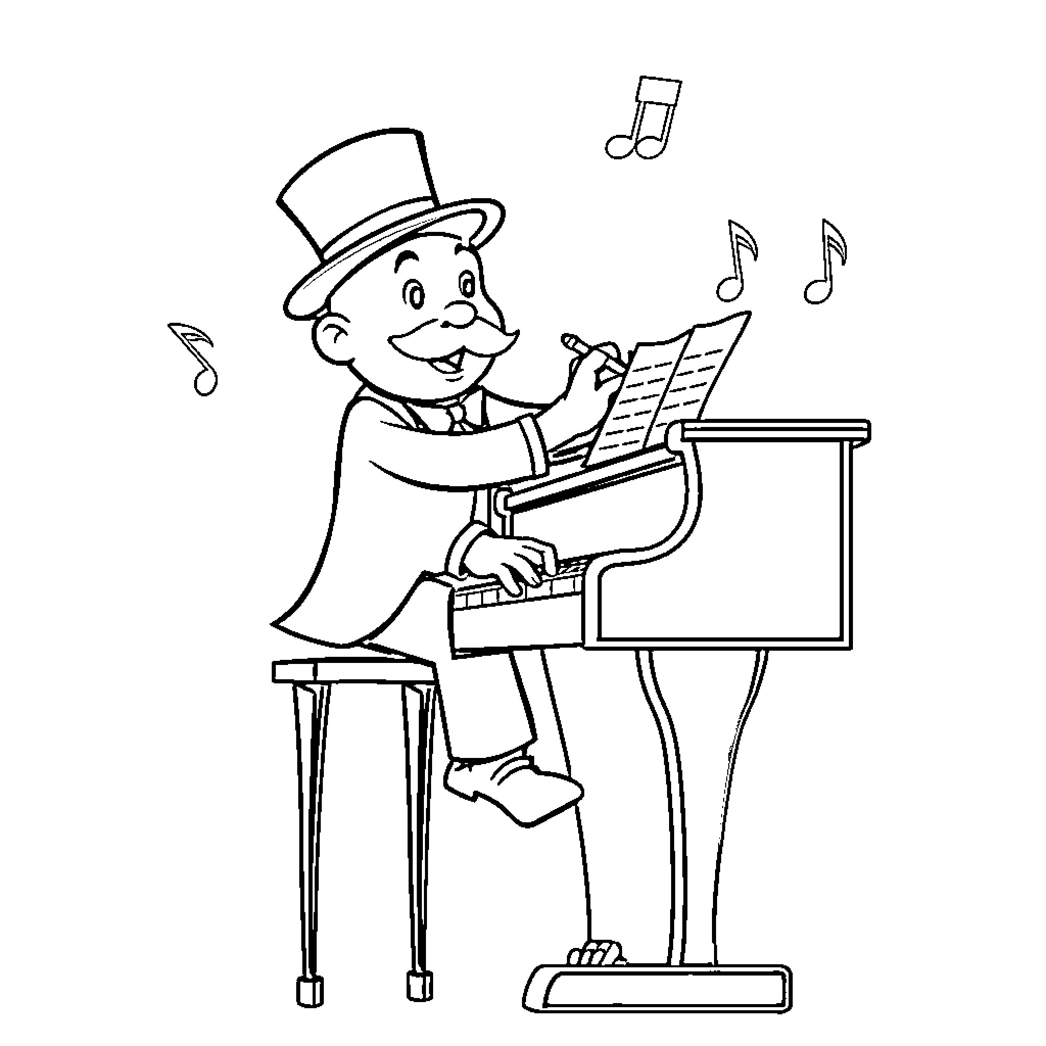 Monopoly Man playing piano joyfully Coloring Page (free black-and-white line drawing printable PDF for all, from beginners to advanced learners, including children, teens, adults, and seniors)