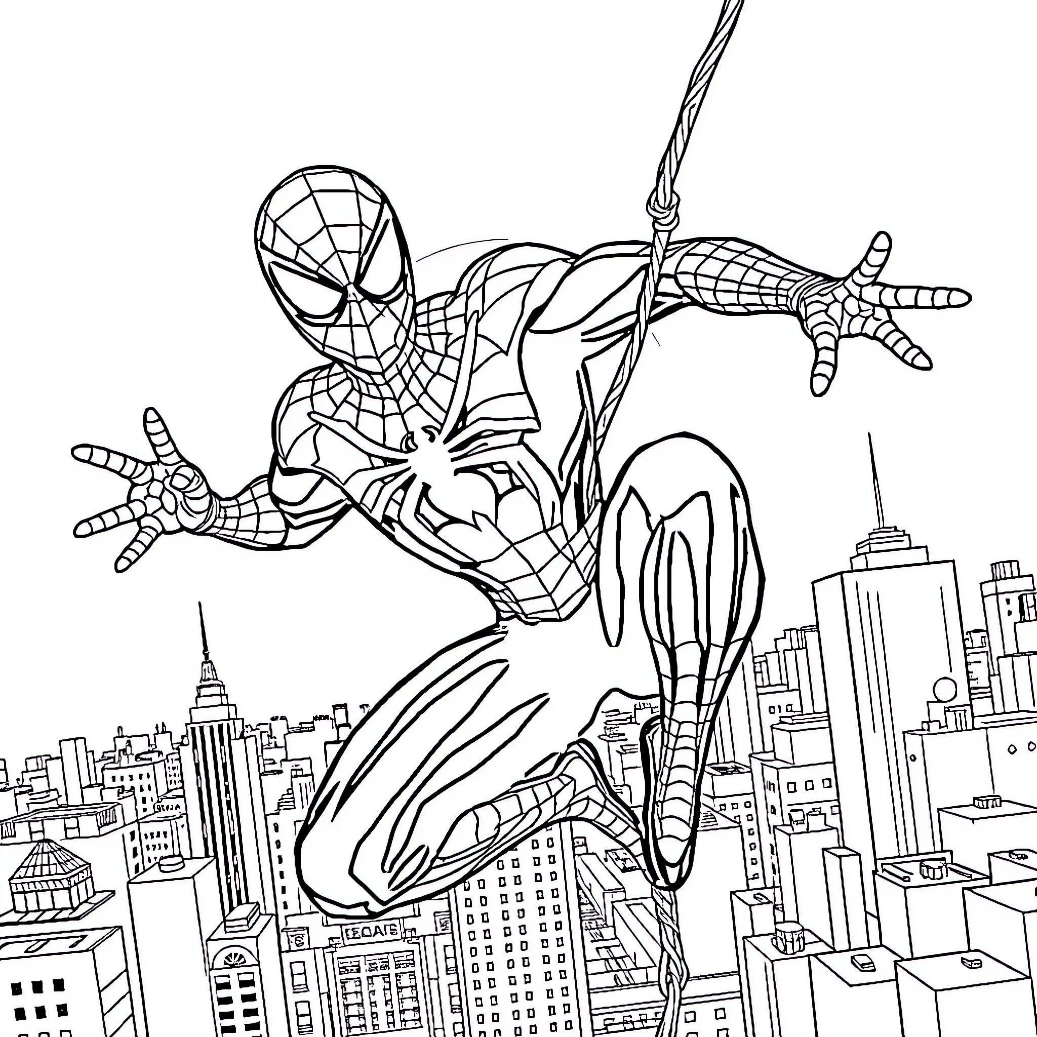 Spiderman swinging through the city skyline Coloring Page (free black-and-white line drawing printable PDF for all, from beginners to advanced learners, including children, teens, adults, and seniors)