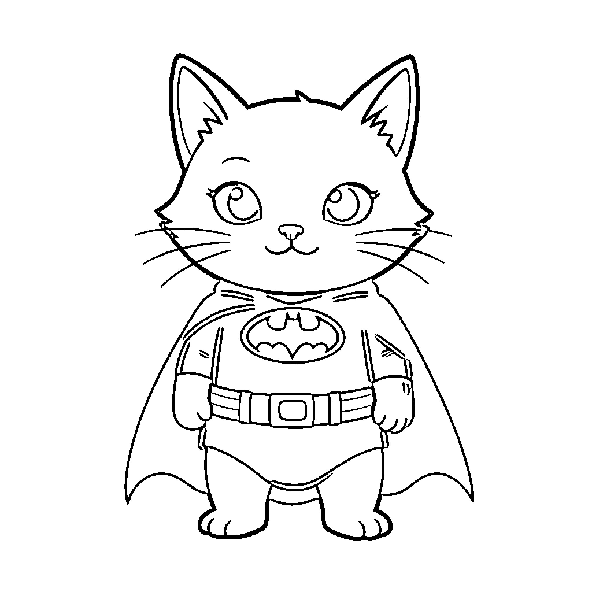 Batman Cat costume character in outline Coloring Page (free black-and-white line drawing printable PDF for all, from beginners to advanced learners, including children, teens, adults, and seniors)