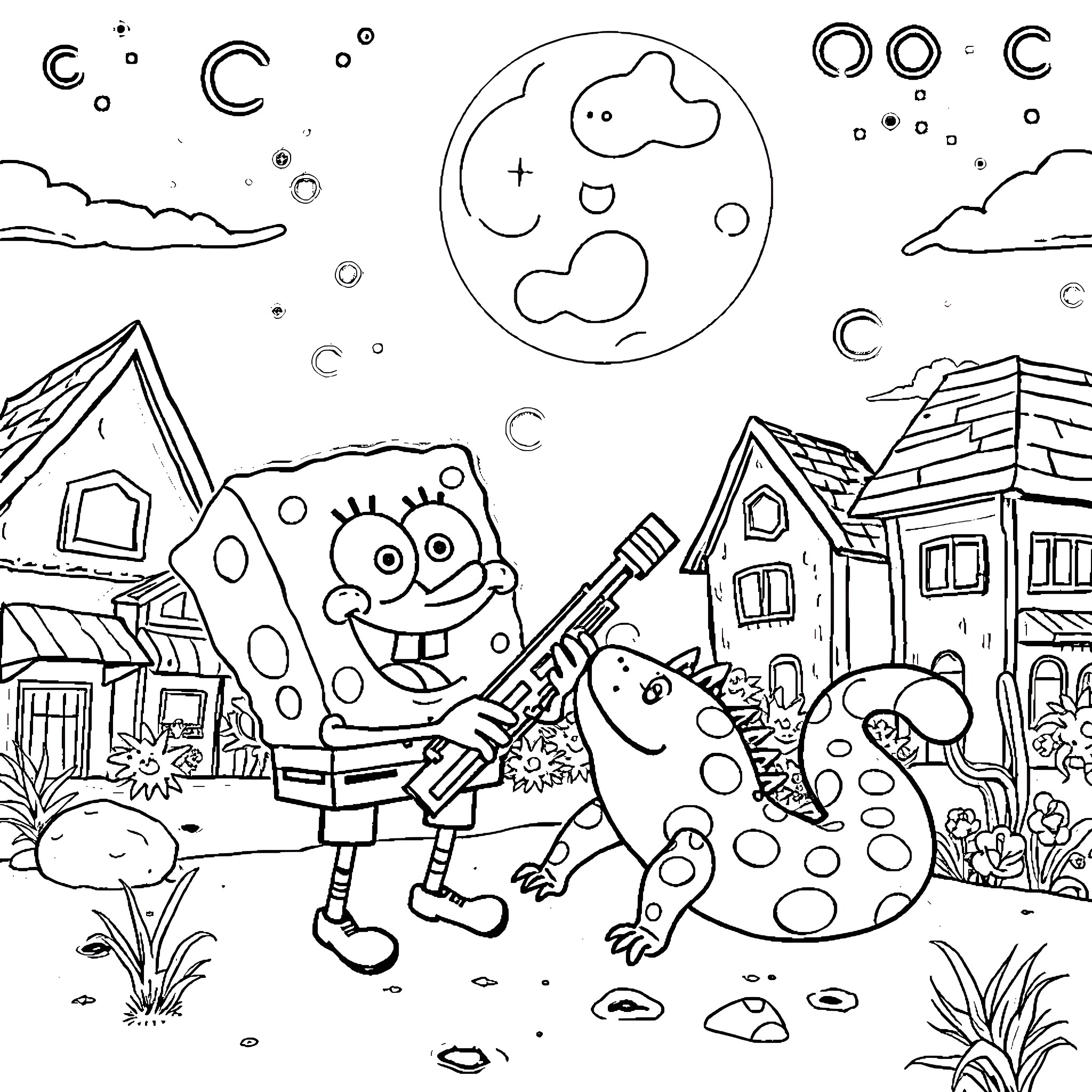 Spongebob and Friends in a Whimsical Night Scene Coloring Page (free black-and-white line drawing printable PDF for all, from beginners to advanced learners, including children, teens, adults, and seniors)