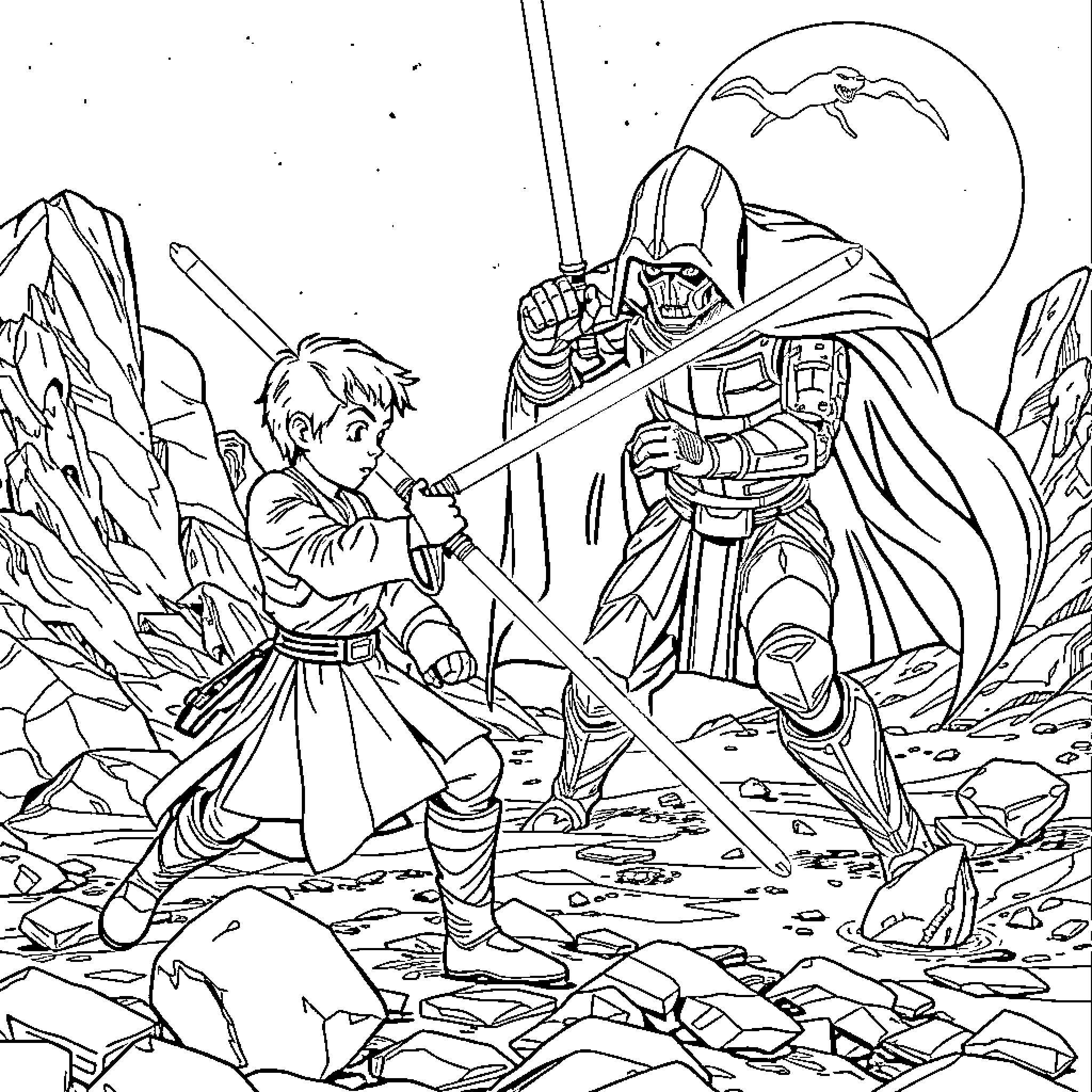 Jedi knights engage in a fierce battle on a remote planet Coloring Page (free black-and-white line drawing printable PDF for all, from beginners to advanced learners, including children, teens, adults, and seniors)