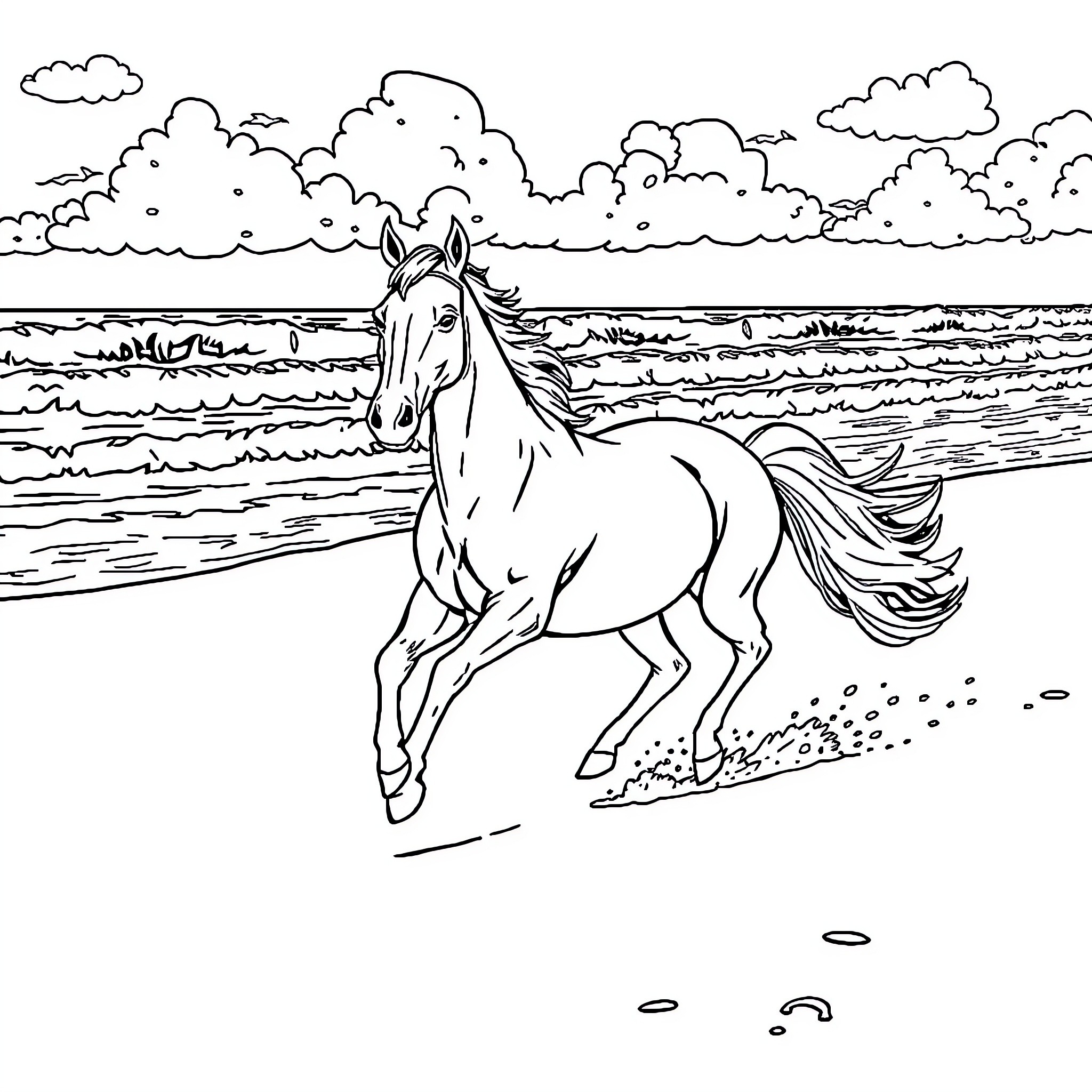 Horse galloping along the beach Coloring Page (free black-and-white line drawing printable PDF for all, from beginners to advanced learners, including children, teens, adults, and seniors)