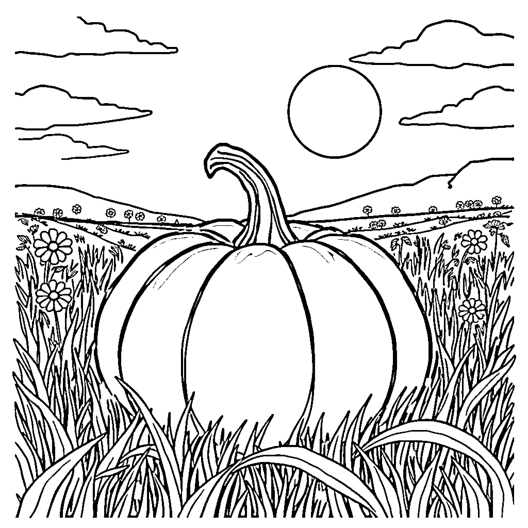 Pumpkin in the Autumn Landscape Coloring Page (free black-and-white line drawing printable PDF for all, from beginners to advanced learners, including children, teens, adults, and seniors)