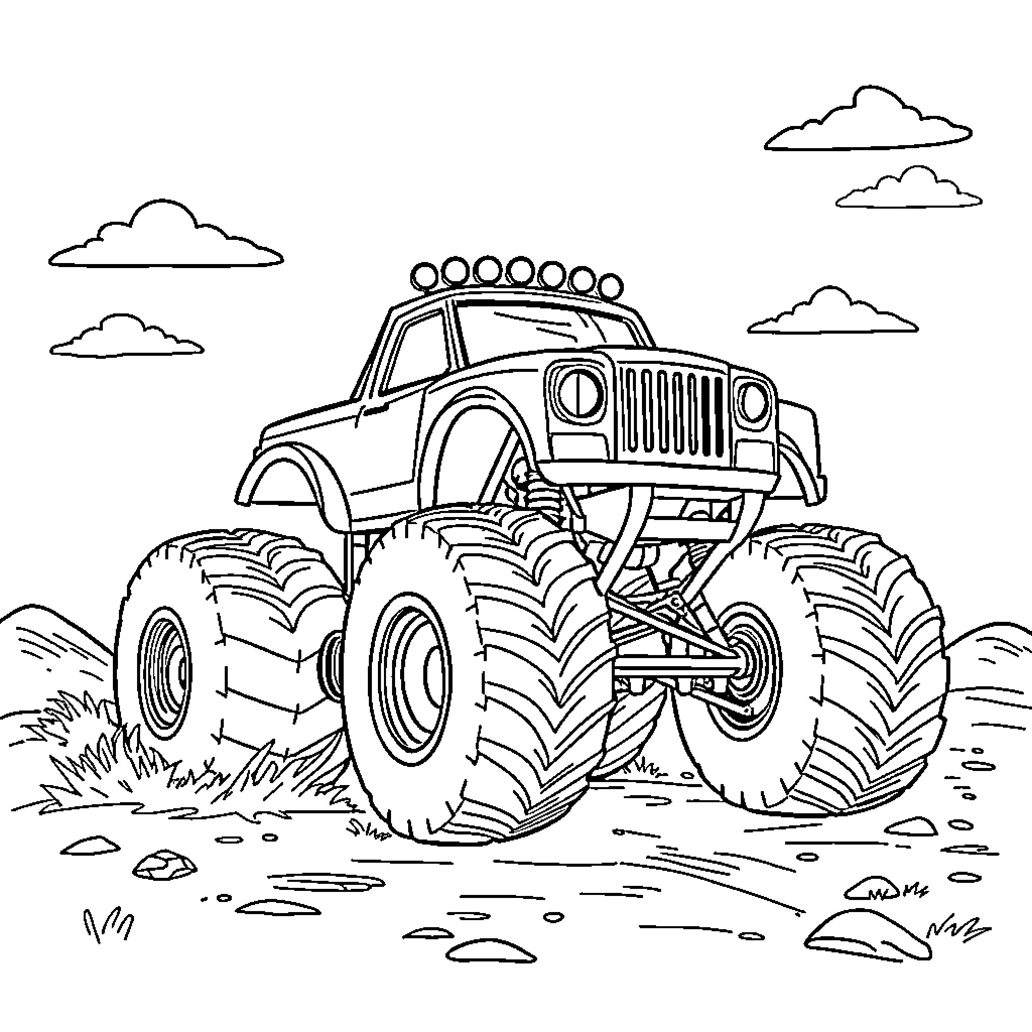 Monster Truck Conquering Rugged Terrain Coloring Page (free black-and-white line drawing printable PDF for all, from beginners to advanced learners, including children, teens, adults, and seniors)