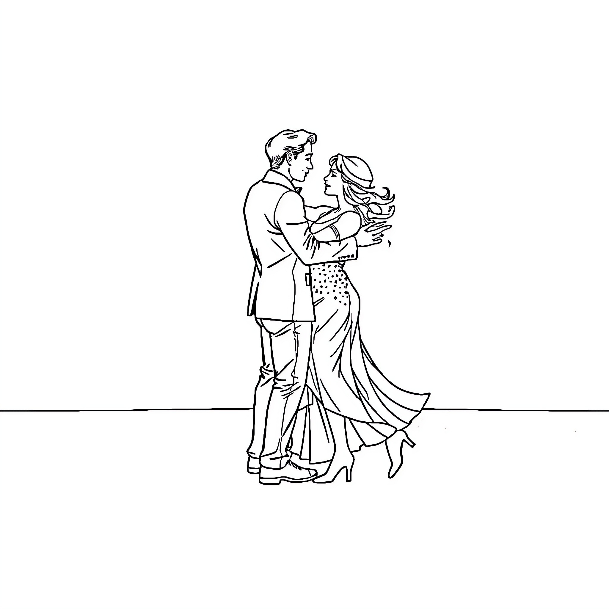 Couple embracing in formal attire Coloring Page (free black-and-white line drawing printable PDF for all, from beginners to advanced learners, including children, teens, adults, and seniors)