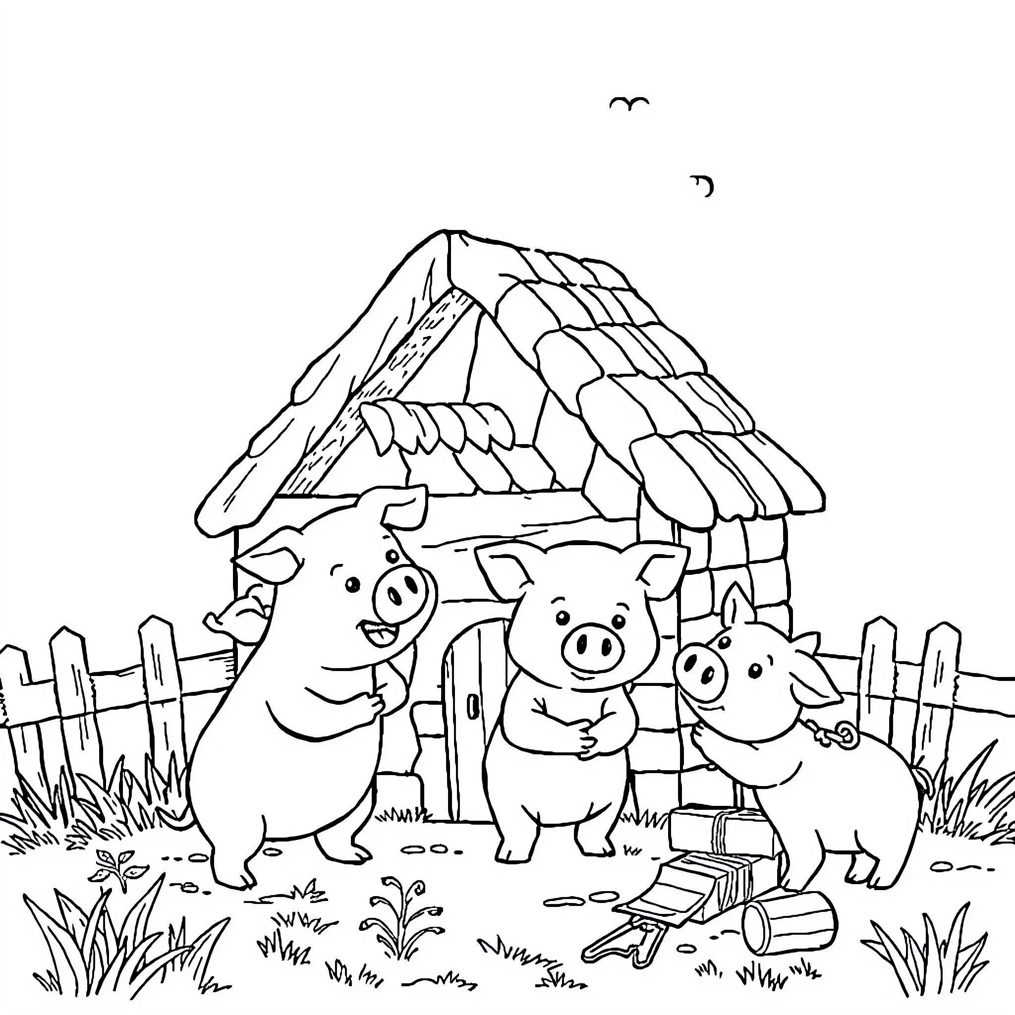 Three Little Pigs Playfully Building Their Home Coloring Page (free black-and-white line drawing printable PDF for all, from beginners to advanced learners, including children, teens, adults, and seniors)