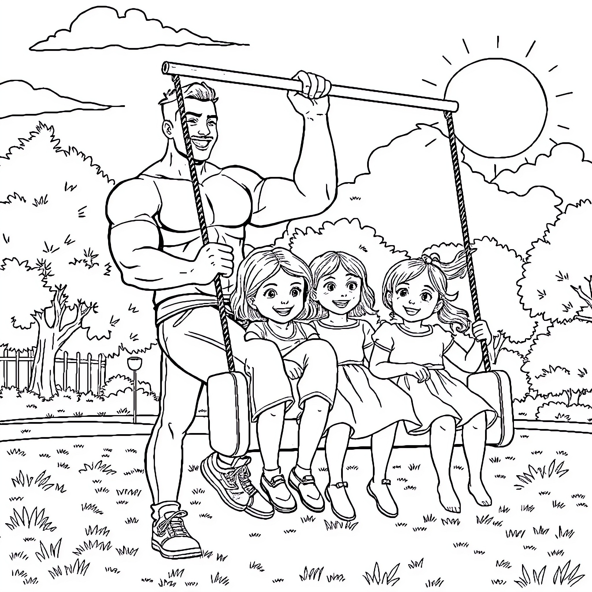 Dad Enjoying Outdoor Family Fun with Children Coloring Page (free black-and-white line drawing printable PDF for all, from beginners to advanced learners, including children, teens, adults, and seniors)