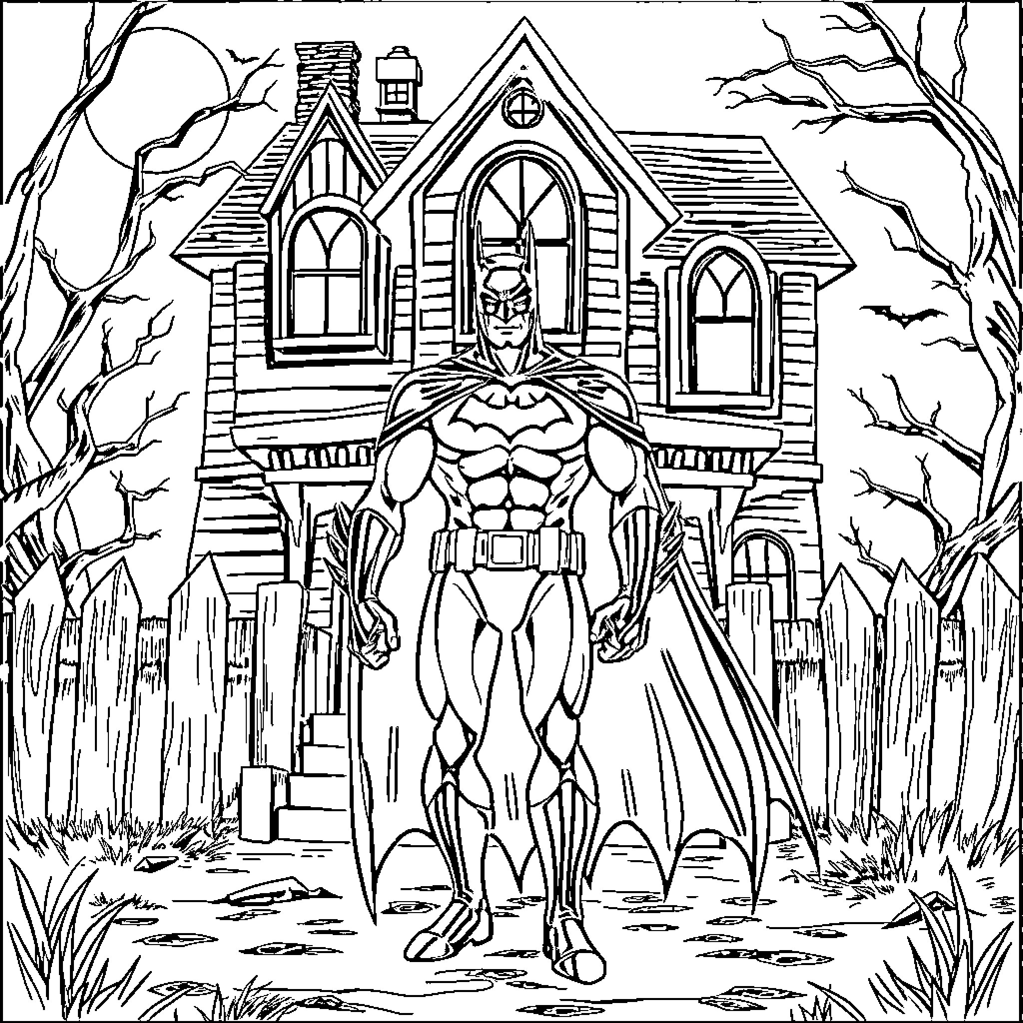 Batman standing heroically in front of a haunted house Coloring Page (free black-and-white line drawing printable PDF for all, from beginners to advanced learners, including children, teens, adults, and seniors)