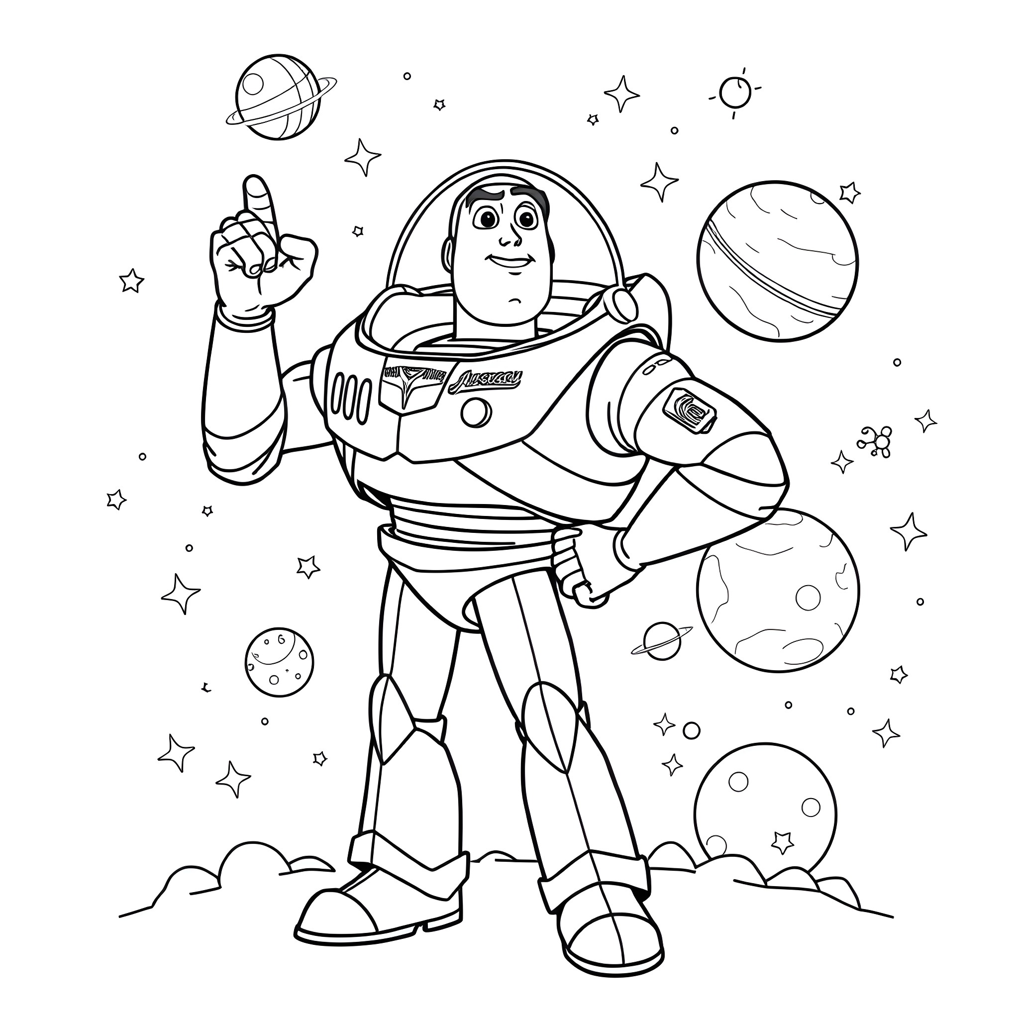 Buzz Lightyear exploring the galaxy Coloring Page (free black-and-white line drawing printable PDF for all, from beginners to advanced learners, including children, teens, adults, and seniors)