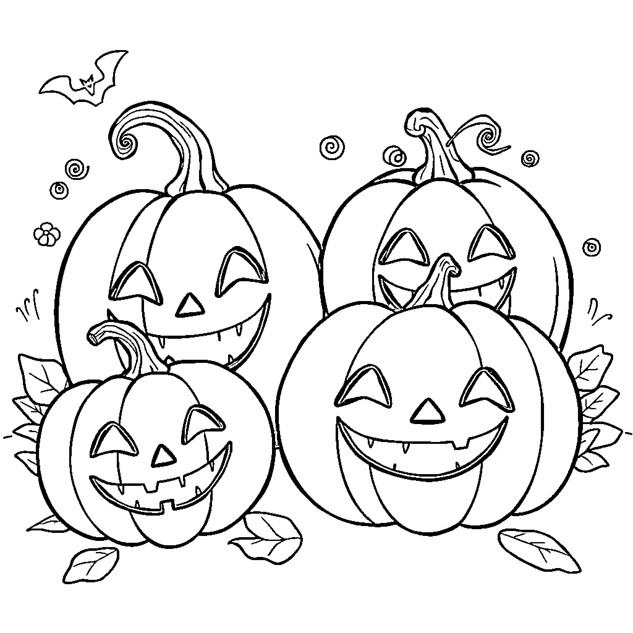 Pumpkins with Cheerful Expressions Coloring Page (free black-and-white line drawing printable PDF for all, from beginners to advanced learners, including children, teens, adults, and seniors)