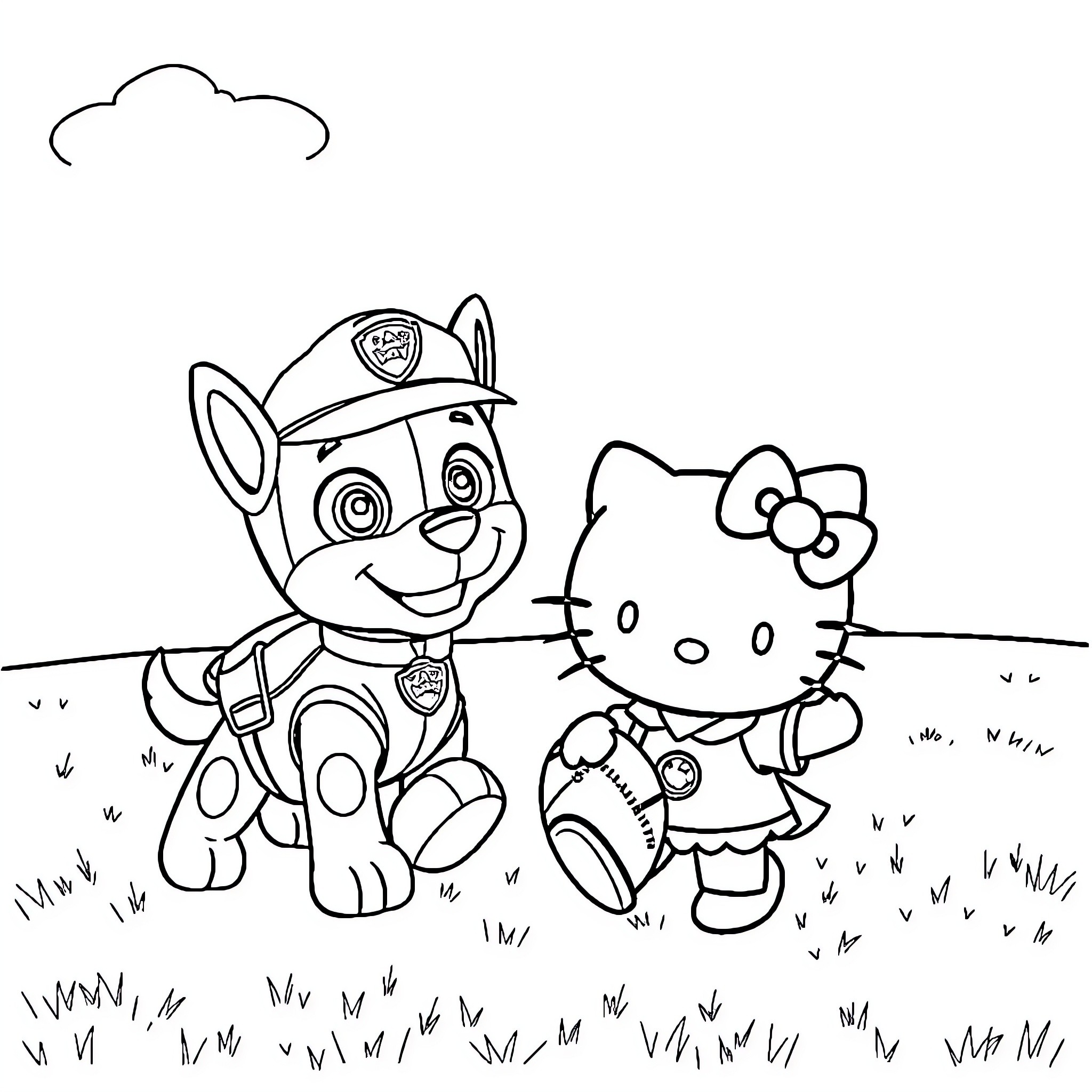 Hello Kitty and Paw Patrol Puppy Explore the Outdoors Coloring Page (free black-and-white line drawing printable PDF for all, from beginners to advanced learners, including children, teens, adults, and seniors)