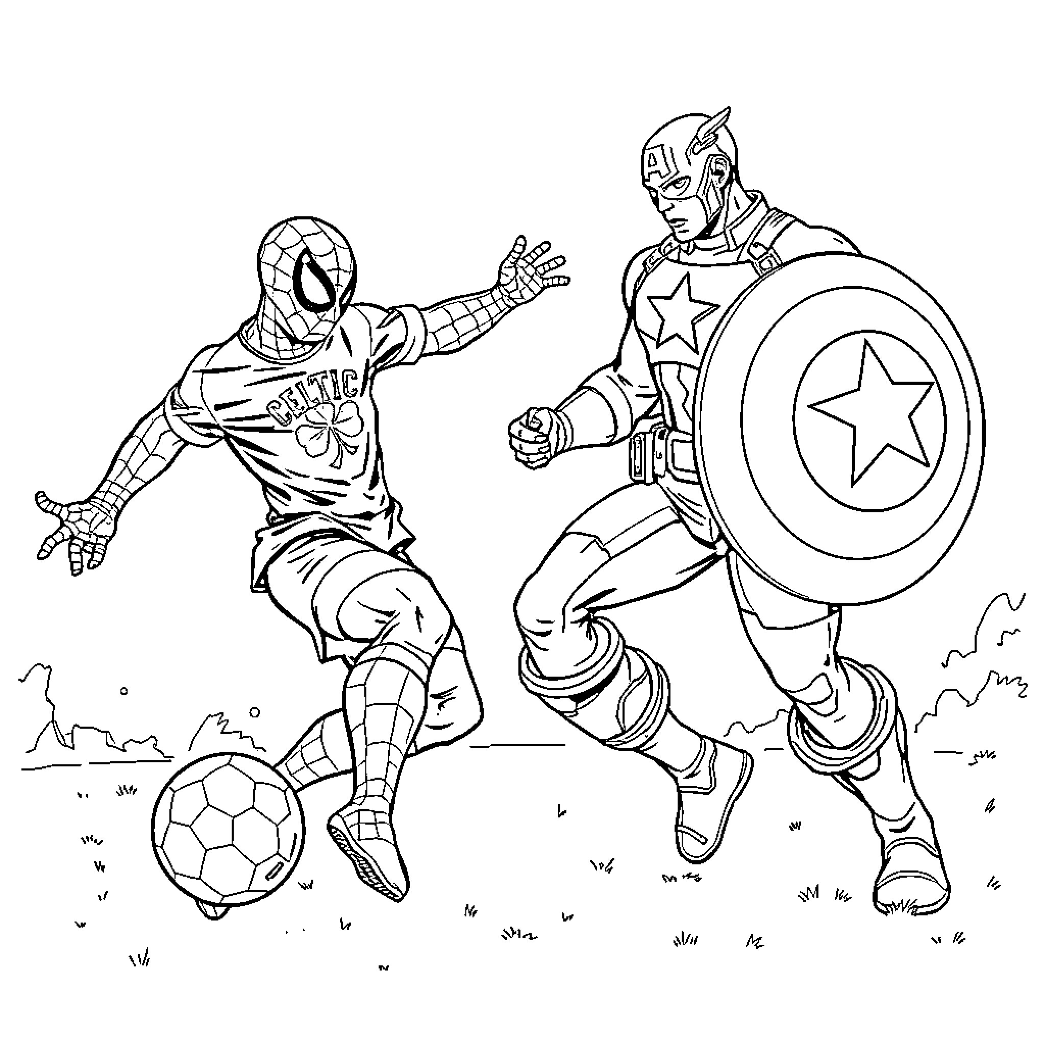 Spiderman and Captain America playing soccer Coloring Page (free black-and-white line drawing printable PDF for all, from beginners to advanced learners, including children, teens, adults, and seniors)