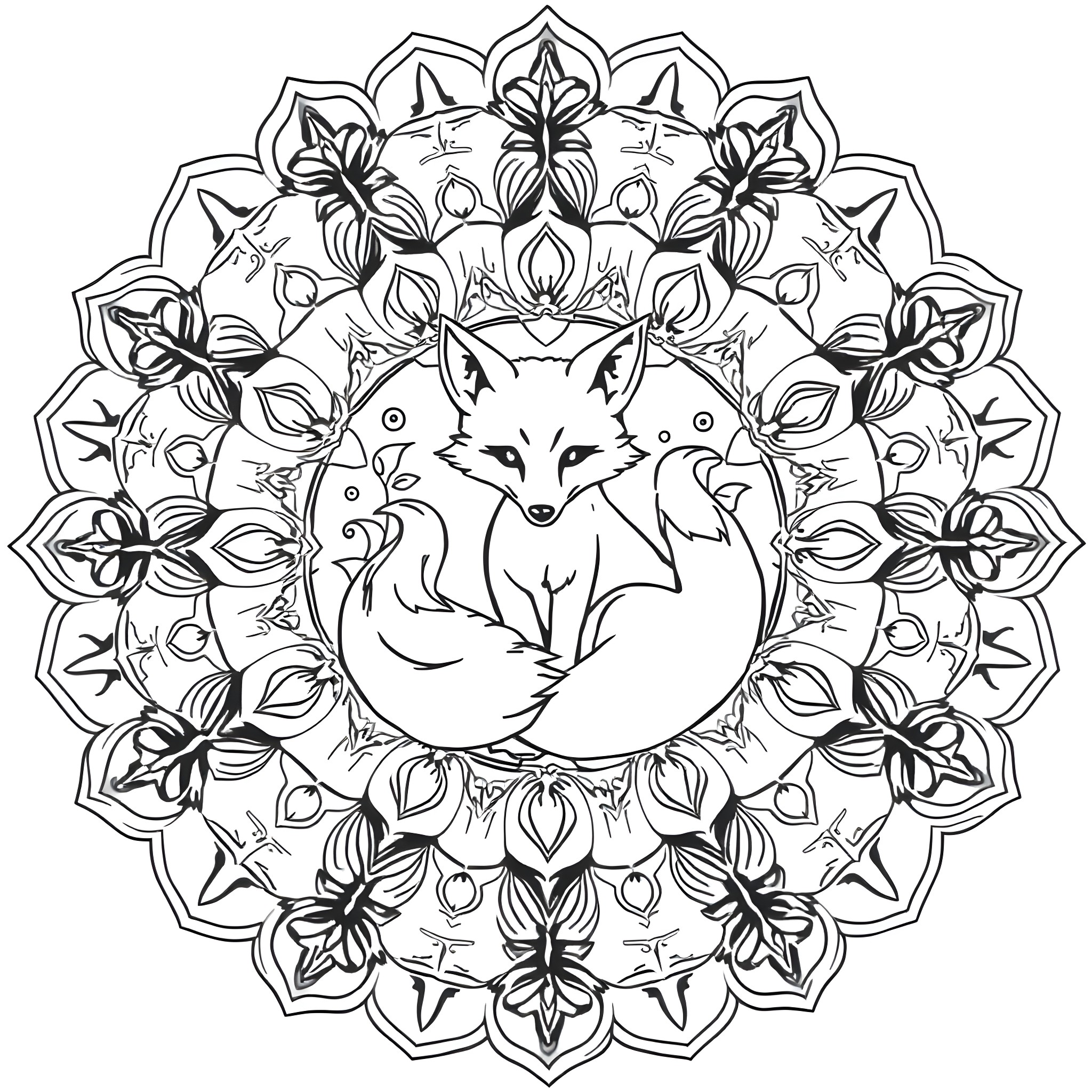 Mandala with a curious fox surrounded by intricate floral patterns Coloring Page (free black-and-white line drawing printable PDF for all, from beginners to advanced learners, including children, teens, adults, and seniors)