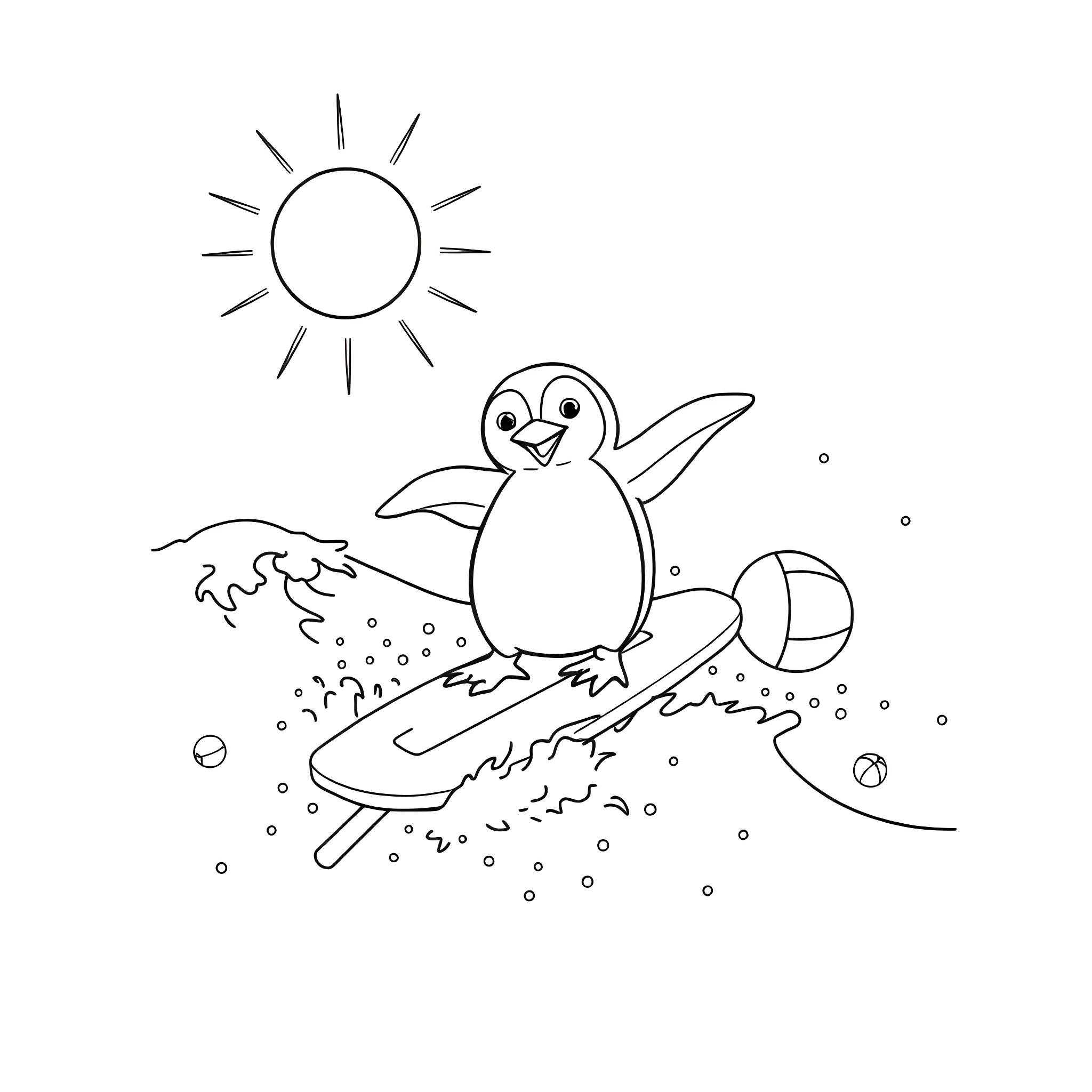 Penguin surfing on the waves under the sun Coloring Page (free black-and-white line drawing printable PDF for all, from beginners to advanced learners, including children, teens, adults, and seniors)