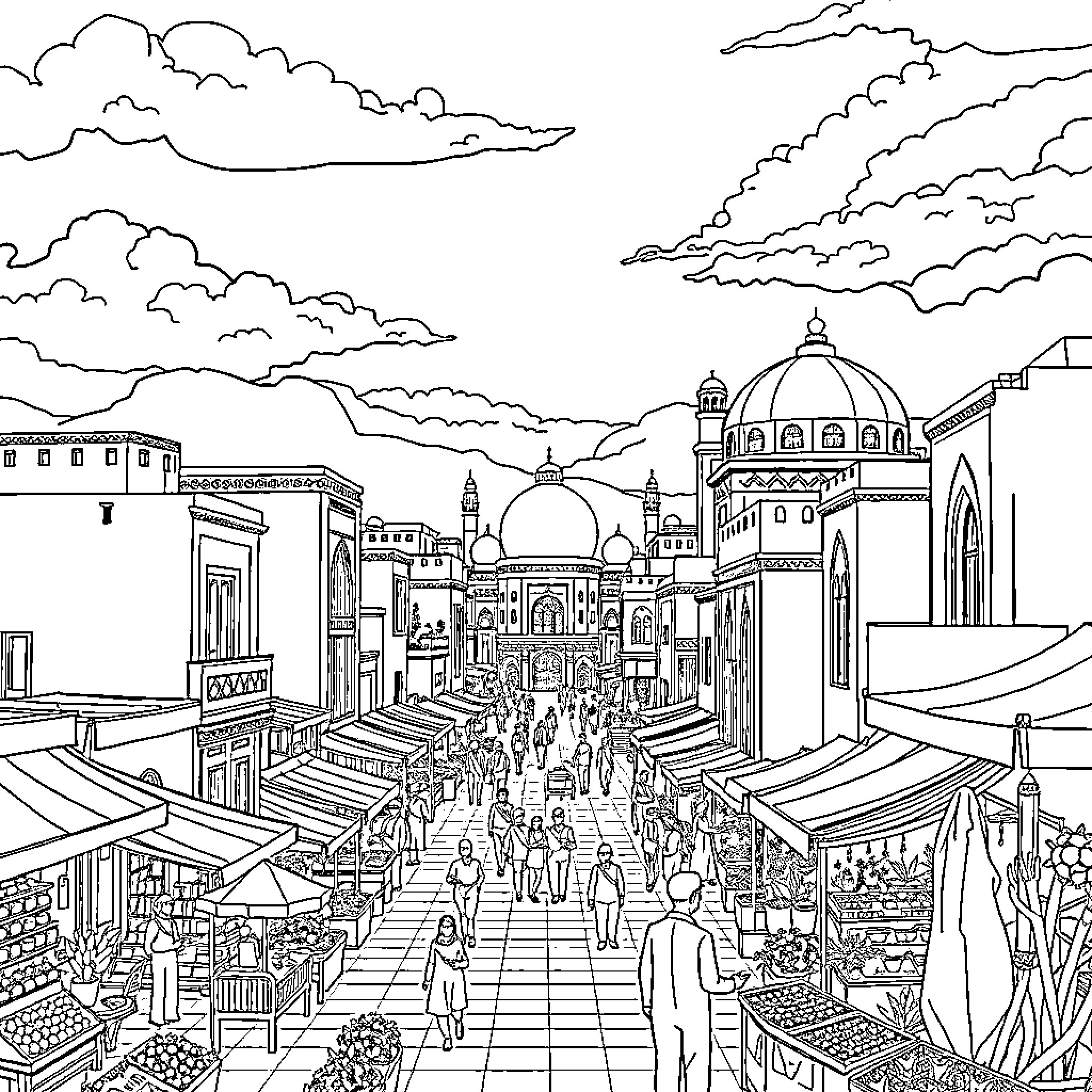Kashan: A bustling marketplace in a Middle Eastern city Coloring Page (free black-and-white line drawing printable PDF for all, from beginners to advanced learners, including children, teens, adults, and seniors)
