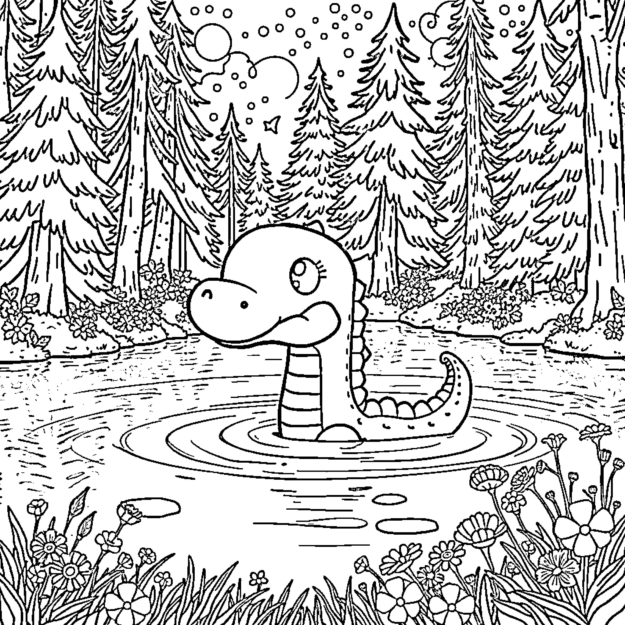 Loch Ness Monster swimming in a forest lake Coloring Page (free black-and-white line drawing printable PDF for all, from beginners to advanced learners, including children, teens, adults, and seniors)