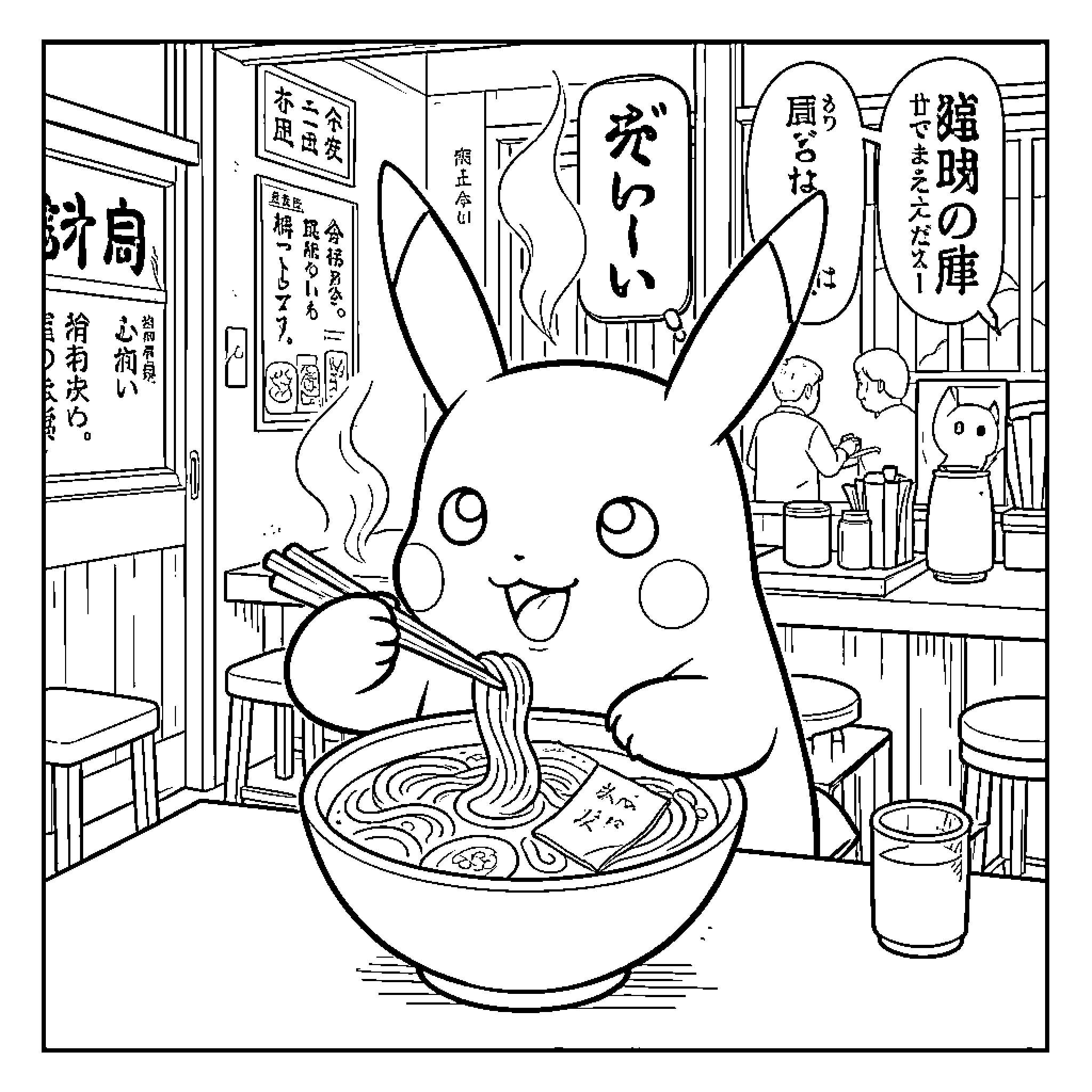 Pikachu enjoying a delicious bowl of ramen Coloring Page (free black-and-white line drawing printable PDF for all, from beginners to advanced learners, including children, teens, adults, and seniors)