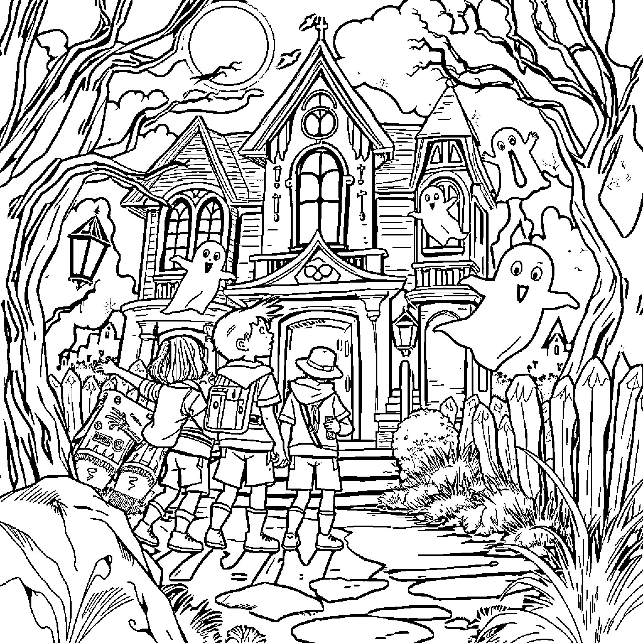 Cub Scouts Exploring Haunted House in Spooky Forest Coloring Page (free black-and-white line drawing printable PDF for all, from beginners to advanced learners, including children, teens, adults, and seniors)