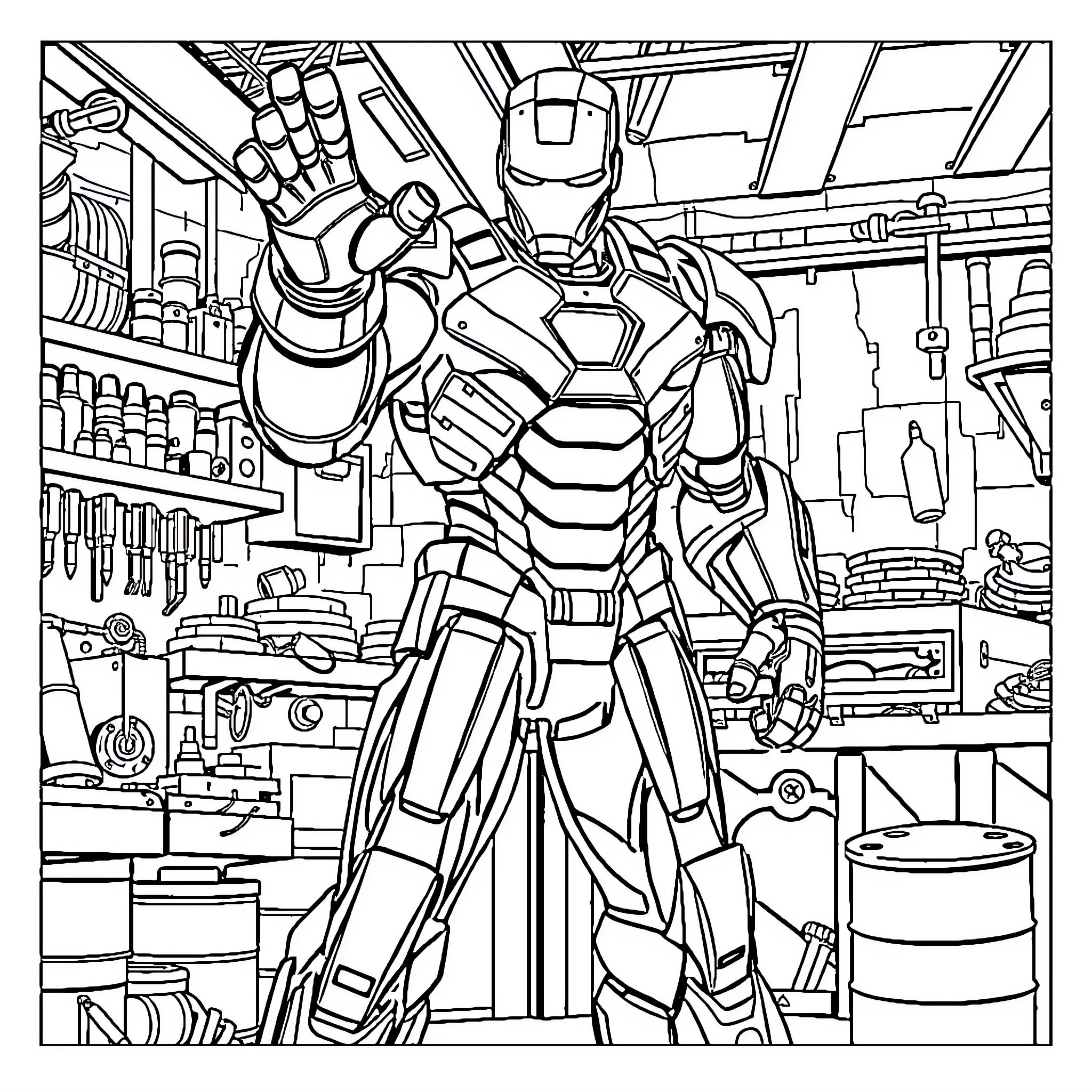 Iron Man in Heroic Pose Amidst Workshop Machinery Coloring Page (free black-and-white line drawing printable PDF for all, from beginners to advanced learners, including children, teens, adults, and seniors)