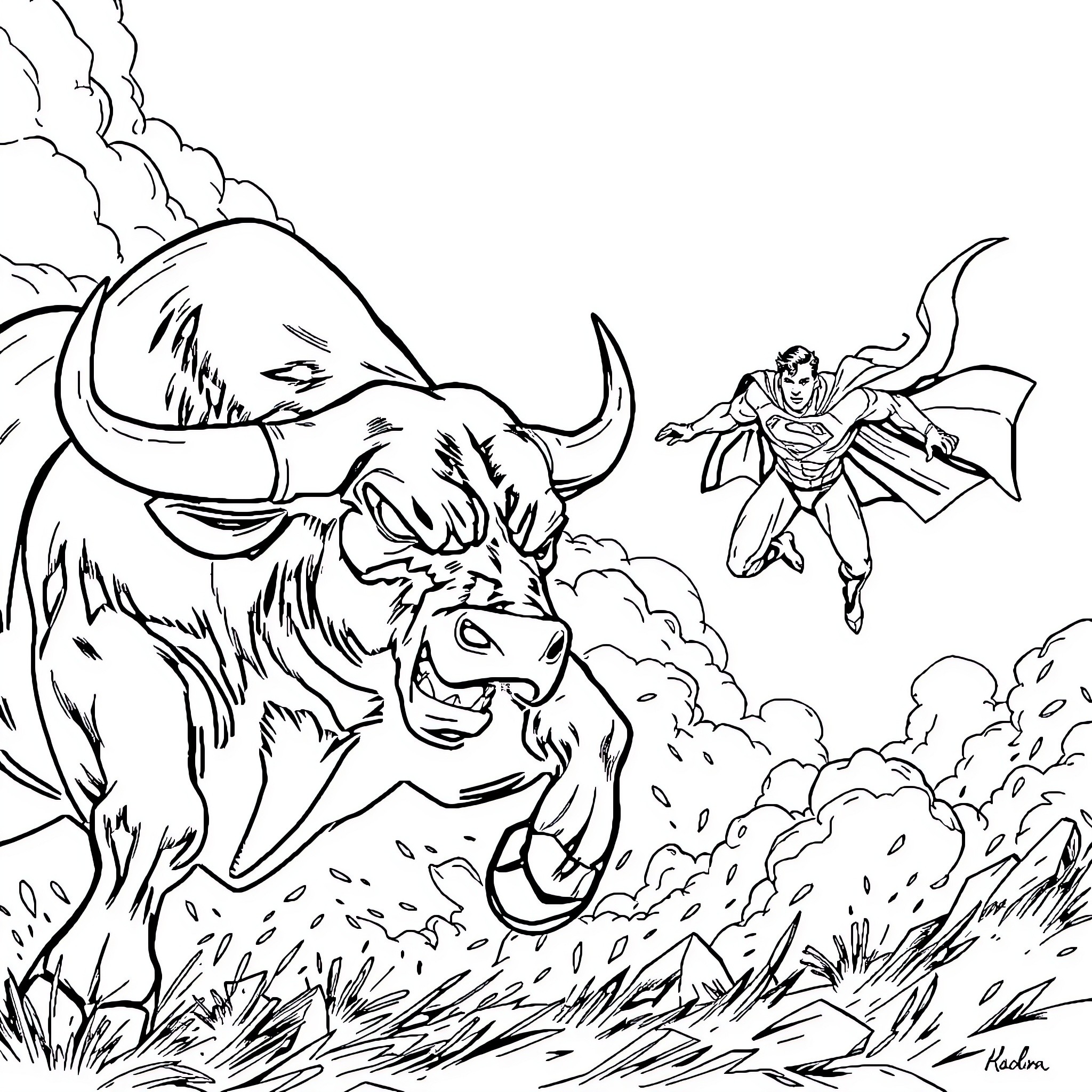Bull charging at heroic character in the sky Coloring Page (free black-and-white line drawing printable PDF for all, from beginners to advanced learners, including children, teens, adults, and seniors)