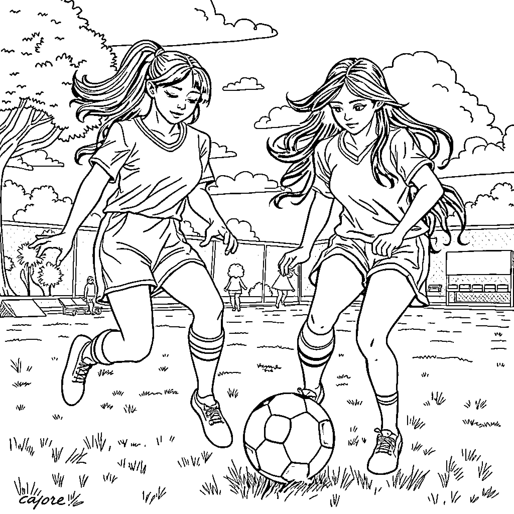 K Pop Girls Enjoying a Lively Soccer Game Coloring Page (free black-and-white line drawing printable PDF for all, from beginners to advanced learners, including children, teens, adults, and seniors)