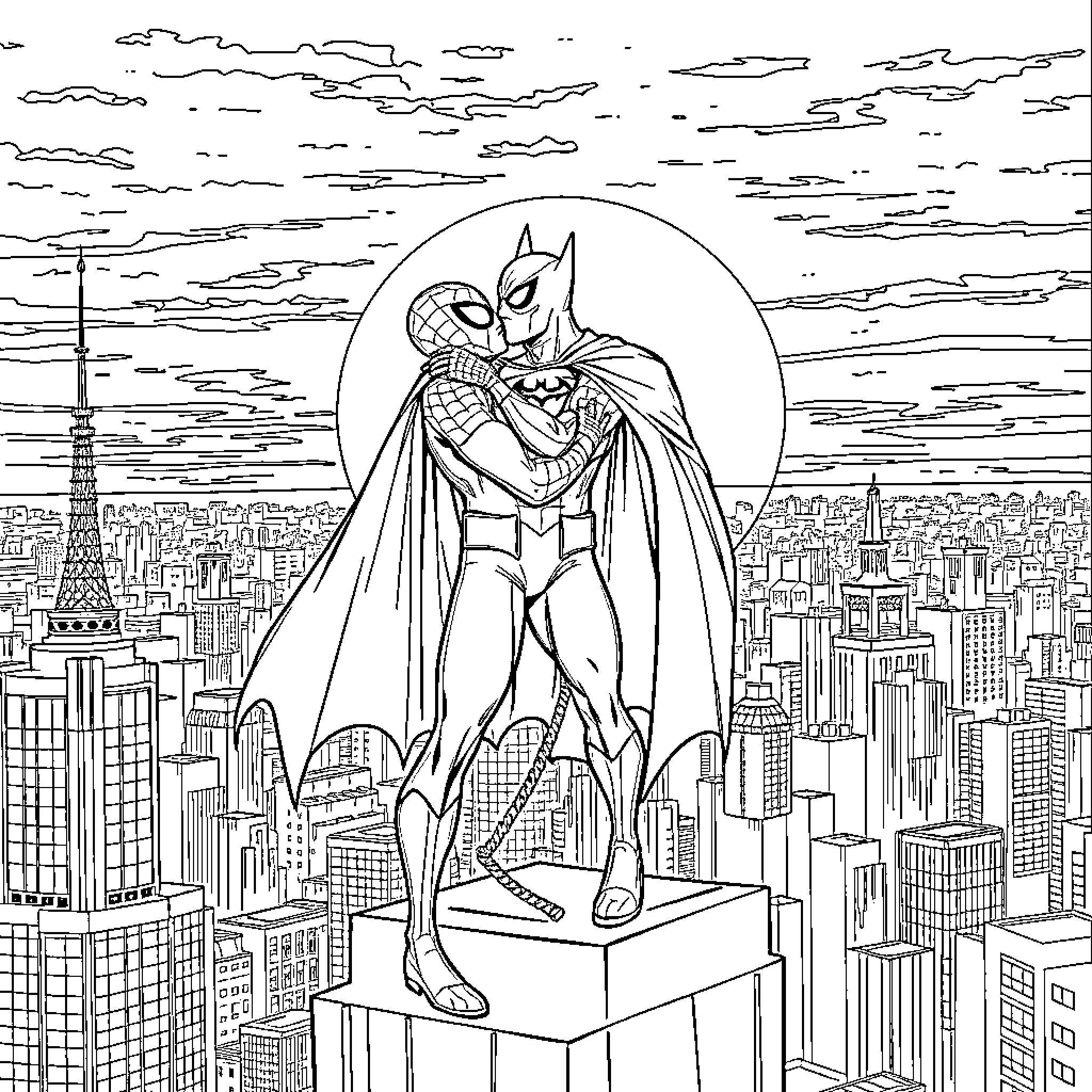 Spiderman standing heroically on a city skyline Coloring Page (free black-and-white line drawing printable PDF for all, from beginners to advanced learners, including children, teens, adults, and seniors)