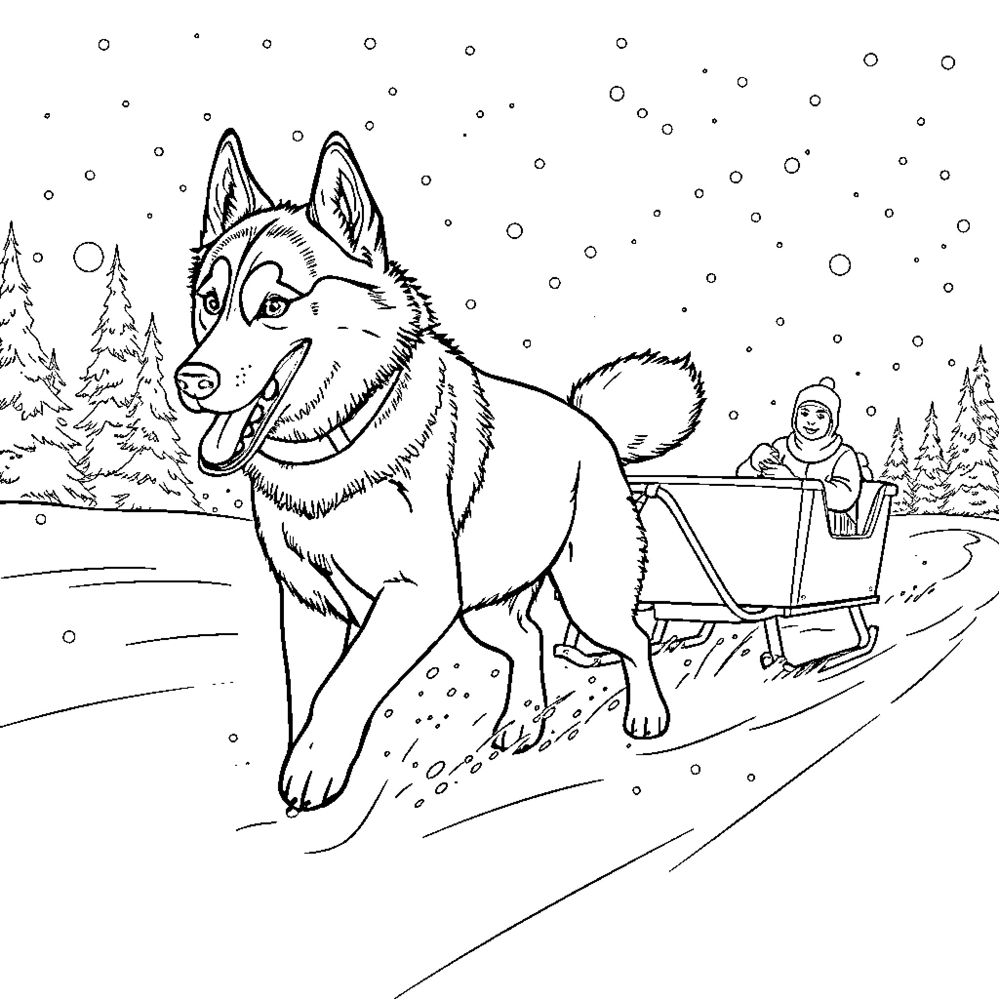 Siberian Husky pulling sled through snowy landscape Coloring Page (free black-and-white line drawing printable PDF for all, from beginners to advanced learners, including children, teens, adults, and seniors)