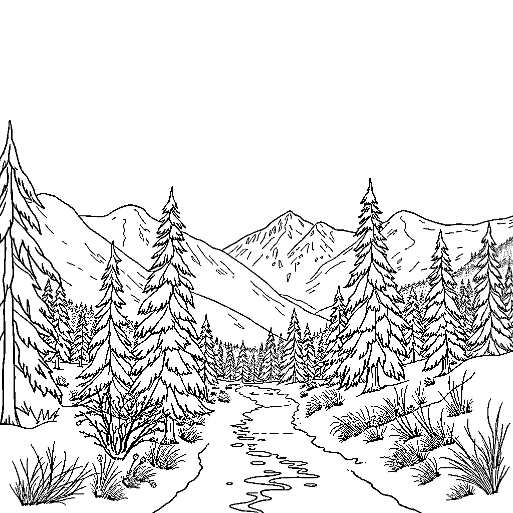 Mountain landscape with winding stream and pine trees Coloring Page (free black-and-white line drawing printable PDF for all, from beginners to advanced learners, including children, teens, adults, and seniors)