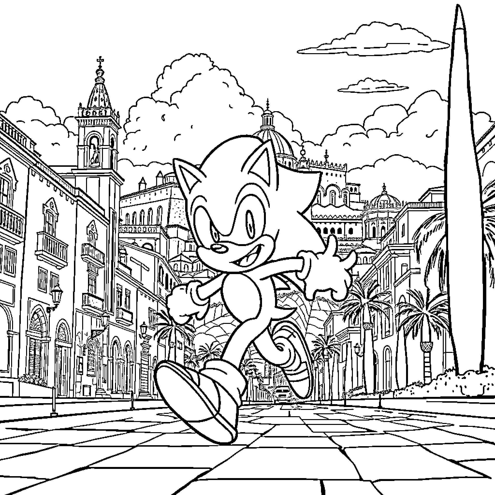 Sonic Races Through Vibrant City Landscape Coloring Page (free black-and-white line drawing printable PDF for all, from beginners to advanced learners, including children, teens, adults, and seniors)
