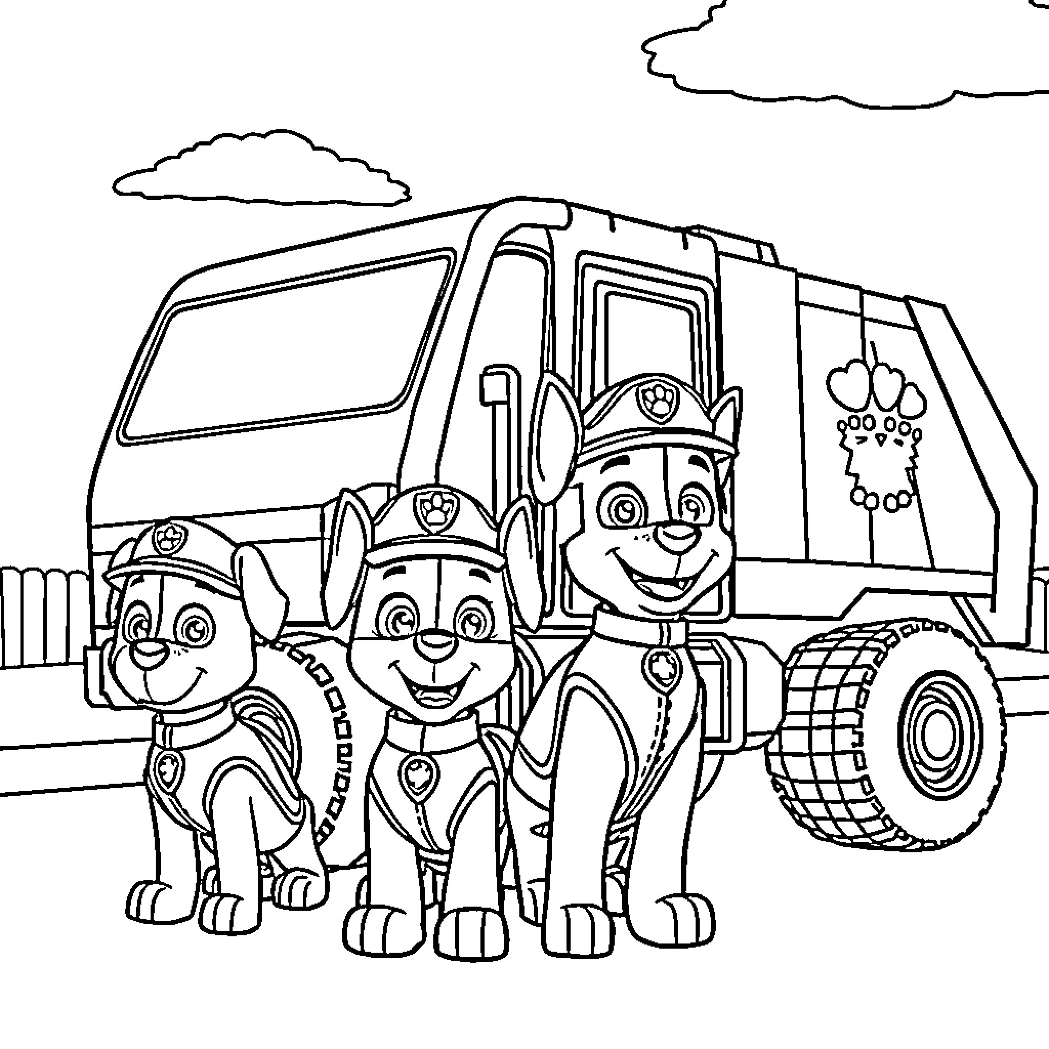Paw Patrol pups on a garbage truck adventure Coloring Page (free black-and-white line drawing printable PDF for all, from beginners to advanced learners, including children, teens, adults, and seniors)
