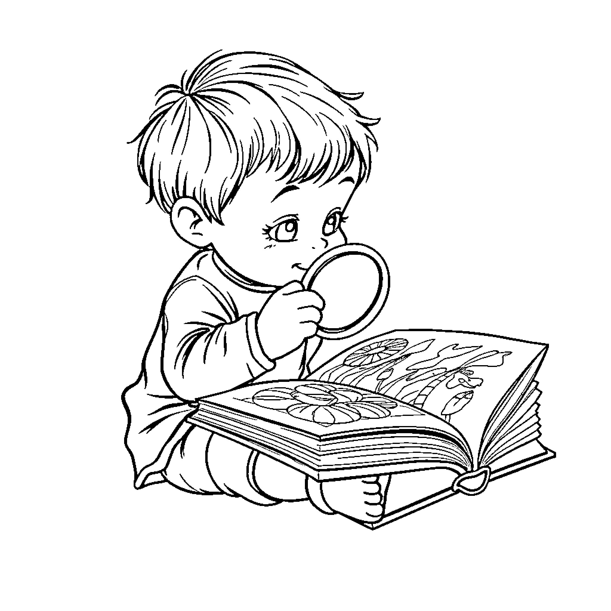 Child curiously examining an illustrated book Coloring Page (free black-and-white line drawing printable PDF for all, from beginners to advanced learners, including children, teens, adults, and seniors)