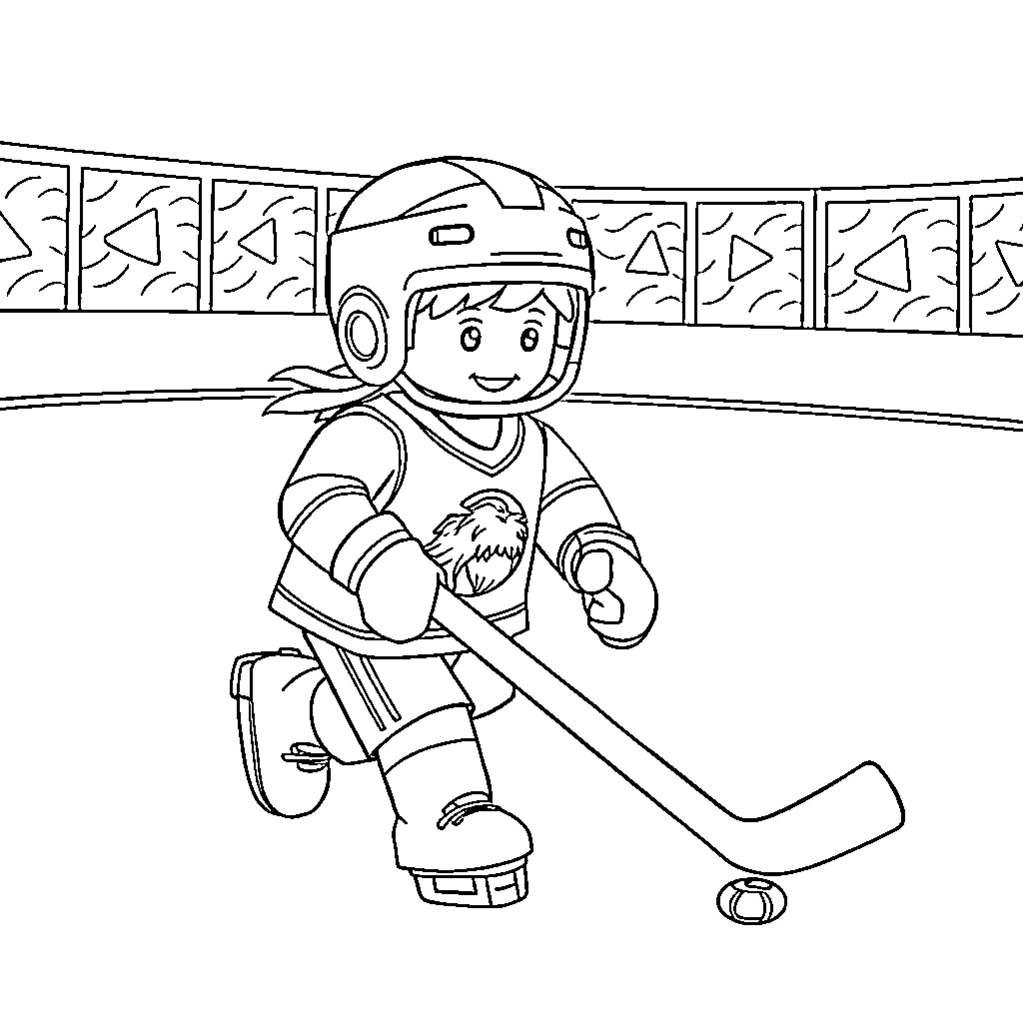 Playmobil figure playing hockey on the rink Coloring Page (free black-and-white line drawing printable PDF for all, from beginners to advanced learners, including children, teens, adults, and seniors)