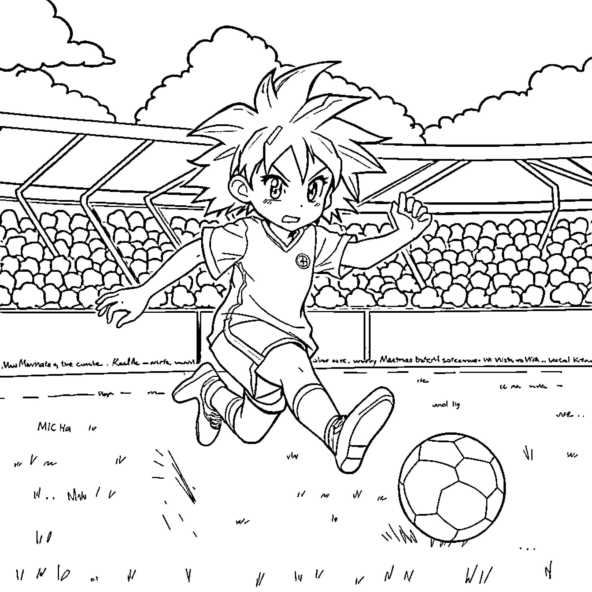 Anime Character playing soccer on the field Coloring Page (free black-and-white line drawing printable PDF for all, from beginners to advanced learners, including children, teens, adults, and seniors)