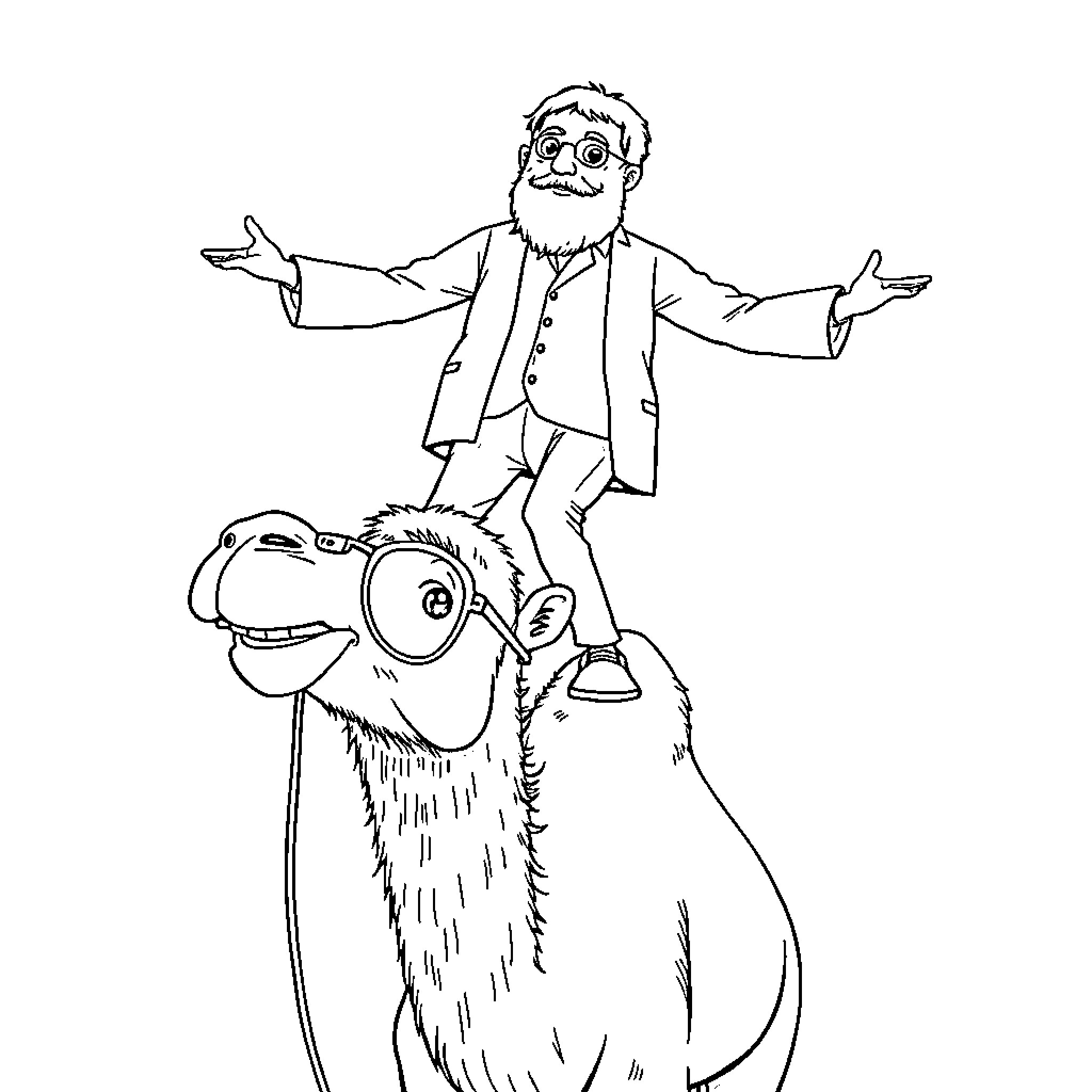 Camel carrying man with outstretched arms Coloring Page (free black-and-white line drawing printable PDF for all, from beginners to advanced learners, including children, teens, adults, and seniors)