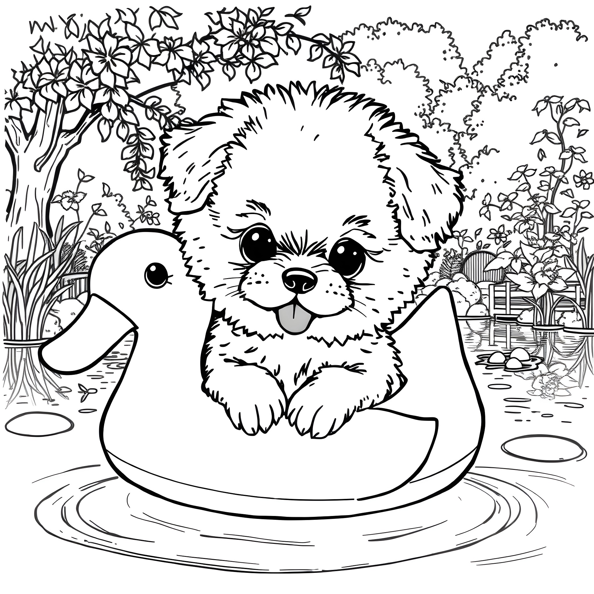 Dog enjoying a relaxing bath in the garden Coloring Page (free black-and-white line drawing printable PDF for all, from beginners to advanced learners, including children, teens, adults, and seniors)