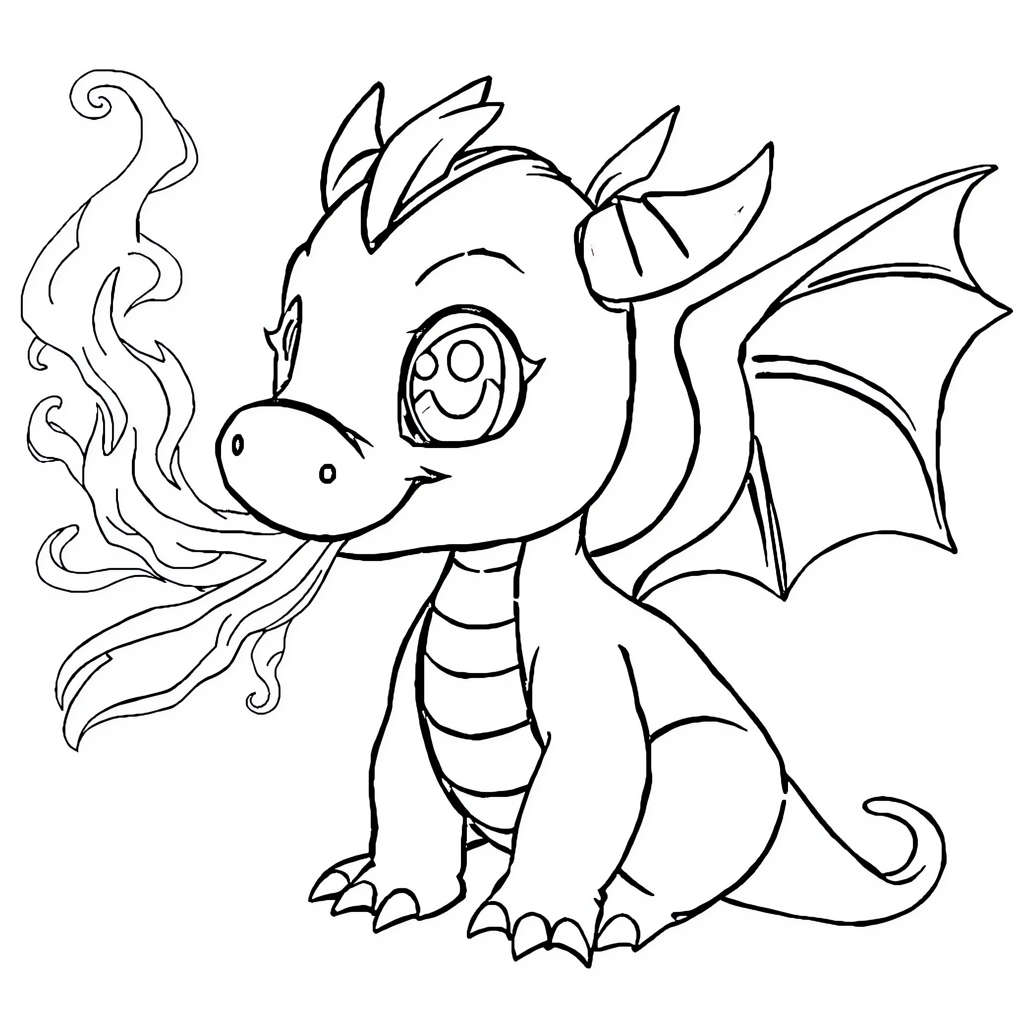Dragon Breathing Flames and Stretching Wings Coloring Page (free black-and-white line drawing printable PDF for all, from beginners to advanced learners, including children, teens, adults, and seniors)